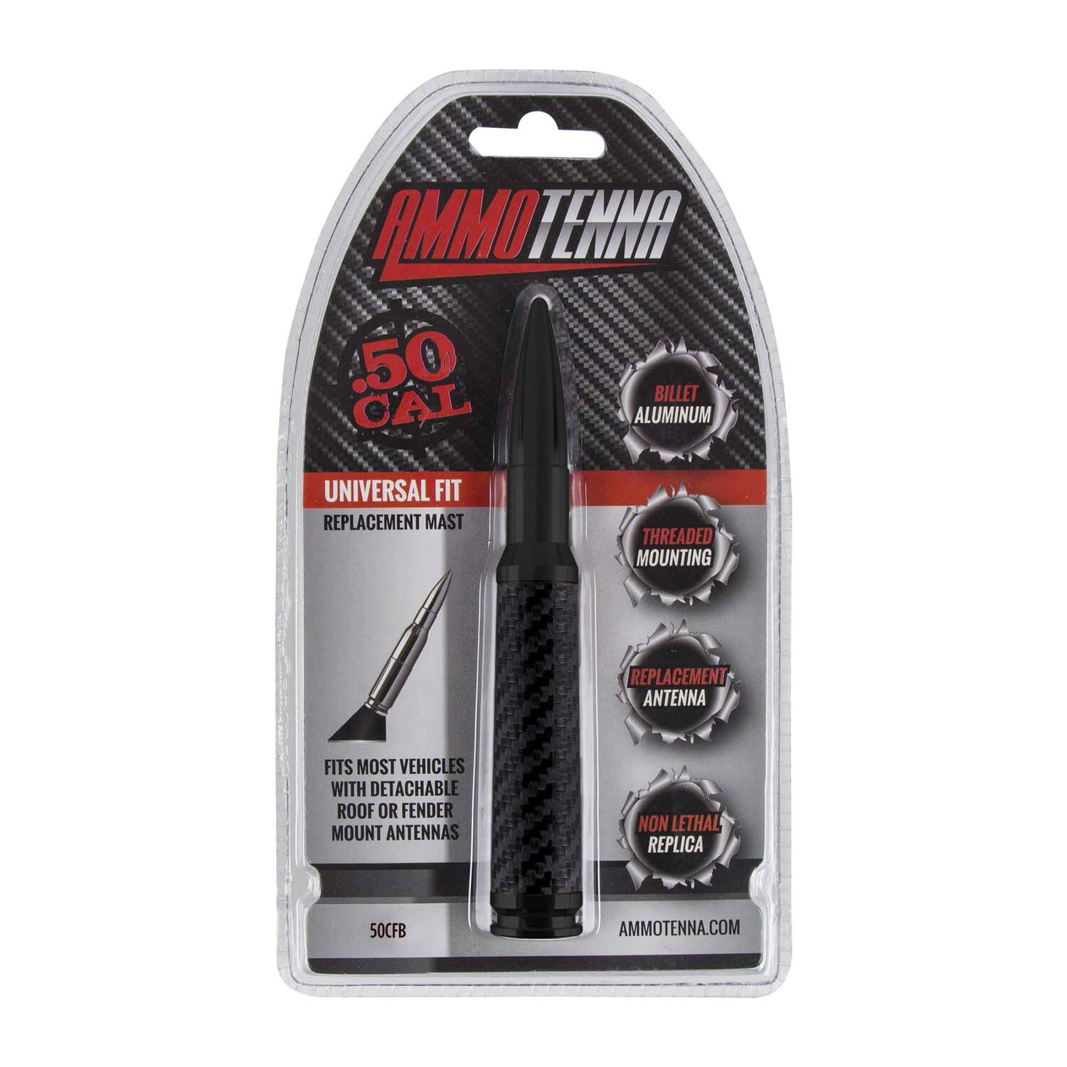 AMMOTENNA .50 BILLET CAL ALUMINUM UNIVERSAL FIT REPLACEMENT MAST THREADED MOUNTING REPLACEMENT ANTENNA FITS MOST VEHICLES WITH DETACHABLE ROOF OR FENDER MOUNT ANTENNAS NON LETHAL REPLICA 50CFB AMMOTENNA.COM