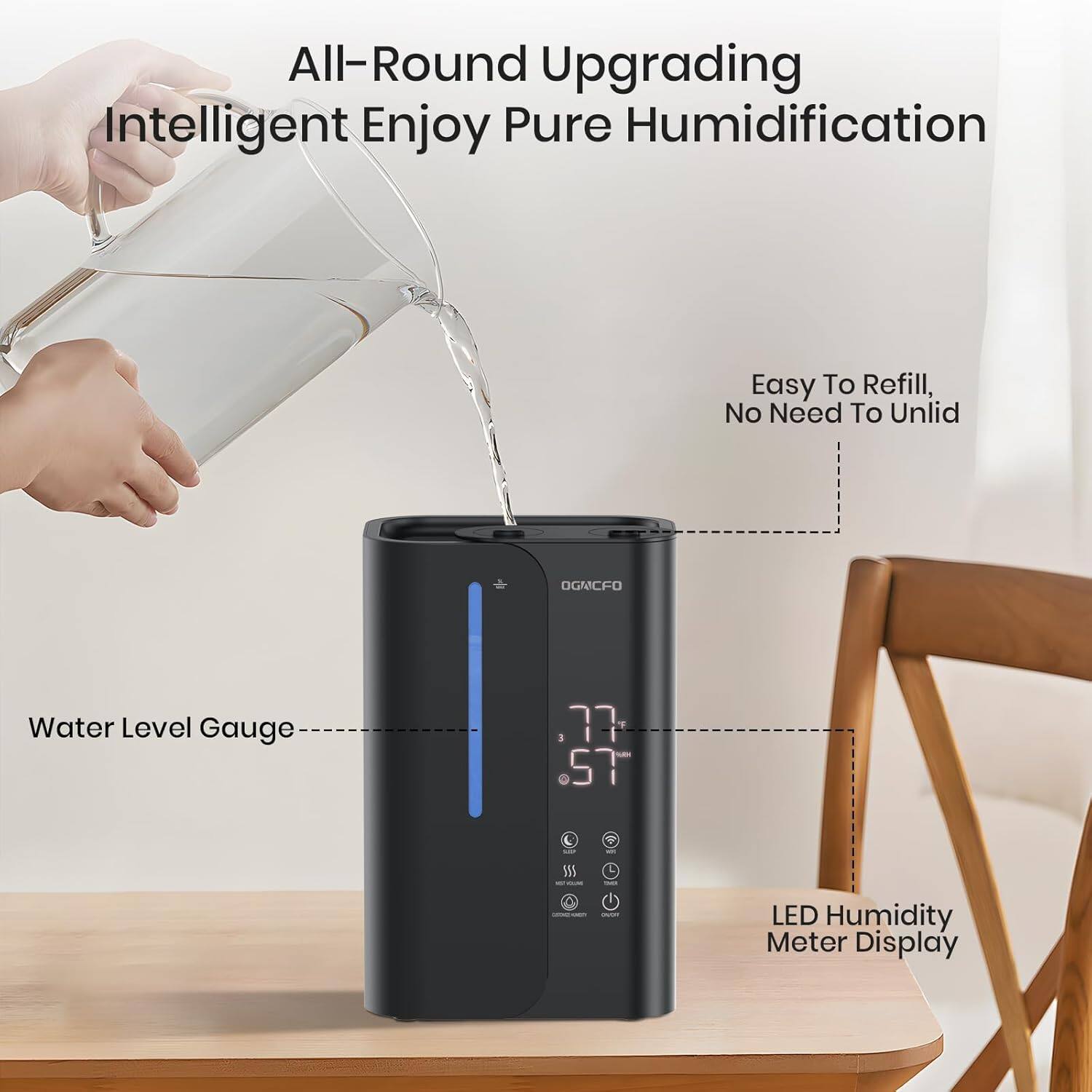 All-Round Upgrading Intelligent Enjoy Pure Humidification

Easy To Refill, No Need To Unlid

Water Level Gauge

LED Humidity Meter Display
