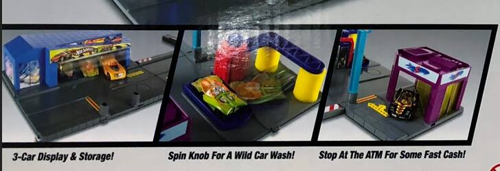3-Car Display & Storage!  
Spin Knob For A Wild Car Wash!  
Stop At The ATM For Some Fast Cash!