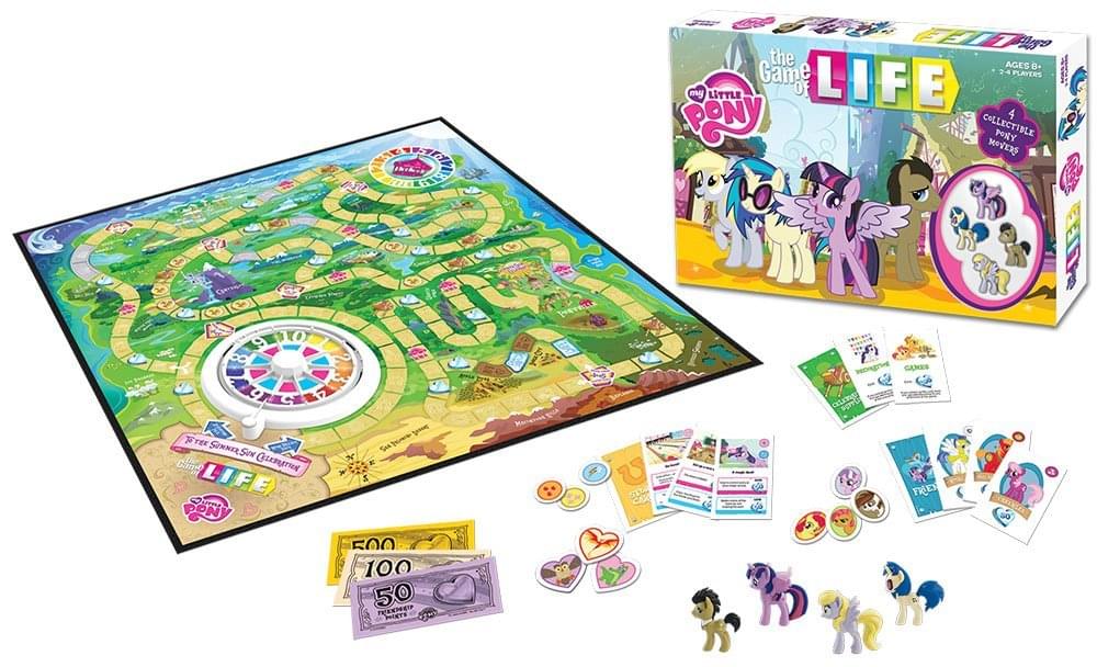 The Game of LIFE  
My Little Pony  
Ages 8+  
2-4 Players  
Collectible Pony Movers  
10 Games  
Clan Soplin  
Tee Sunnersu  
Si CiCo  
Gen Life Pony  
Sus N E J  
500  
100  
50  
Deep Meets U  
e cs  
Free