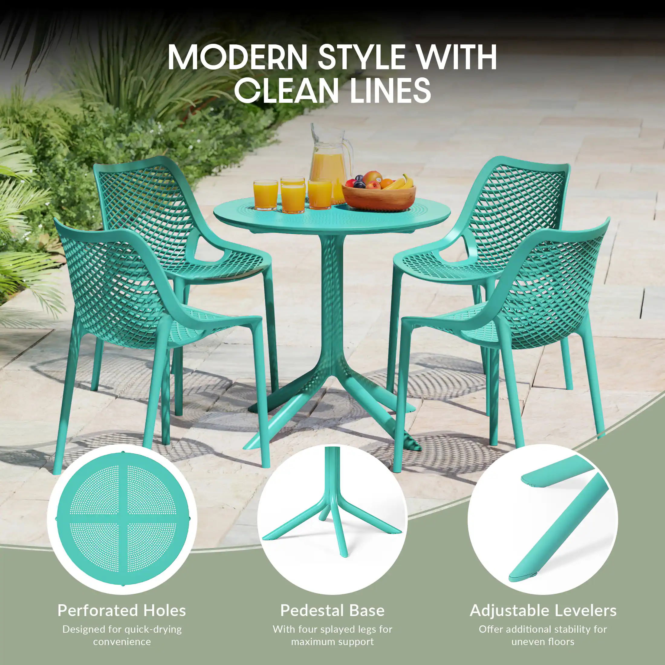 MODERN STYLE WITH CLEAN LINES

Perforated Holes
Designed for quick-drying convenience

Pedestal Base
With four splayed legs for maximum support

Adjustable Levelers
Offer additional stability for uneven floors