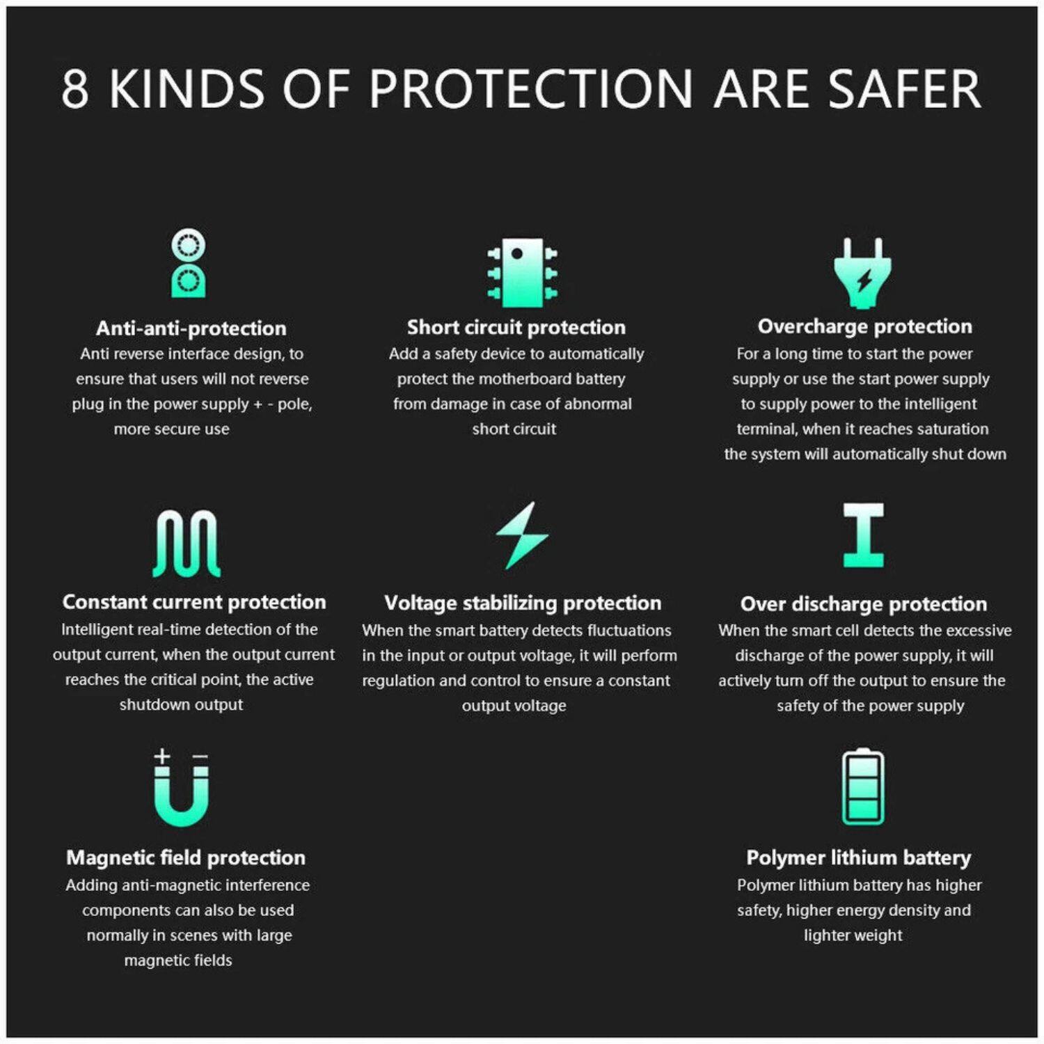 8 KINDS OF PROTECTION ARE SAFER

1. Anti-anti-protection
   - Anti reverse interface design, to ensure that users will not reverse plug in the power supply + - pole, more secure use

2. Short circuit protection
   - Add a safety device to automatically protect the motherboard battery from damage in case of abnormal short circuit

3. Overcharge protection
   - For a long time to start the power supply or use the start power supply to supply power to the intelligent terminal, when it reaches saturation the system will automatically shut down

4. Constant current protection
   - Intelligent real-time detection of the output current, when the output current reaches the critical point, the active shutdown output

5. Voltage stabilizing protection
   - When the smart battery detects fluctuations in the input or output voltage, it will perform regulation and control to ensure a constant output voltage

6. Over discharge protection
   - When the smart cell detects the excessive discharge of the power supply, it will actively turn off the output to ensure the safety of the power supply

7. Magnetic field protection
   - Adding anti-magnetic interference components can also be used normally in scenes with large magnetic fields

8. Polymer lithium battery
   - Polymer lithium battery has higher