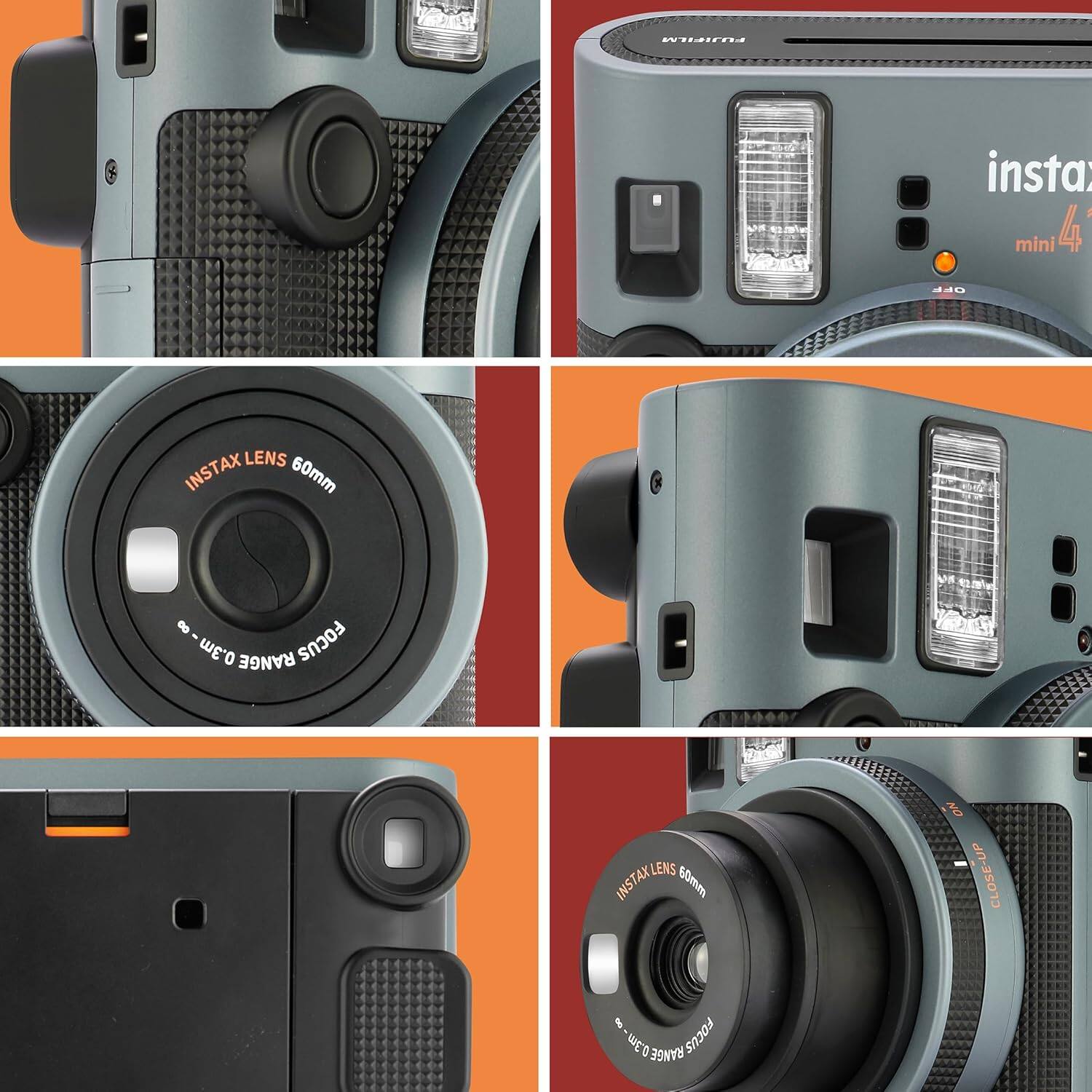 Sure, here is the corrected and grouped text from the image:

- **instax mini 4**
- **instax LENS 60mm**
- **CLOSE-UP RANGE 0.3m - 0.8m**
- **F/12.8 60mm**