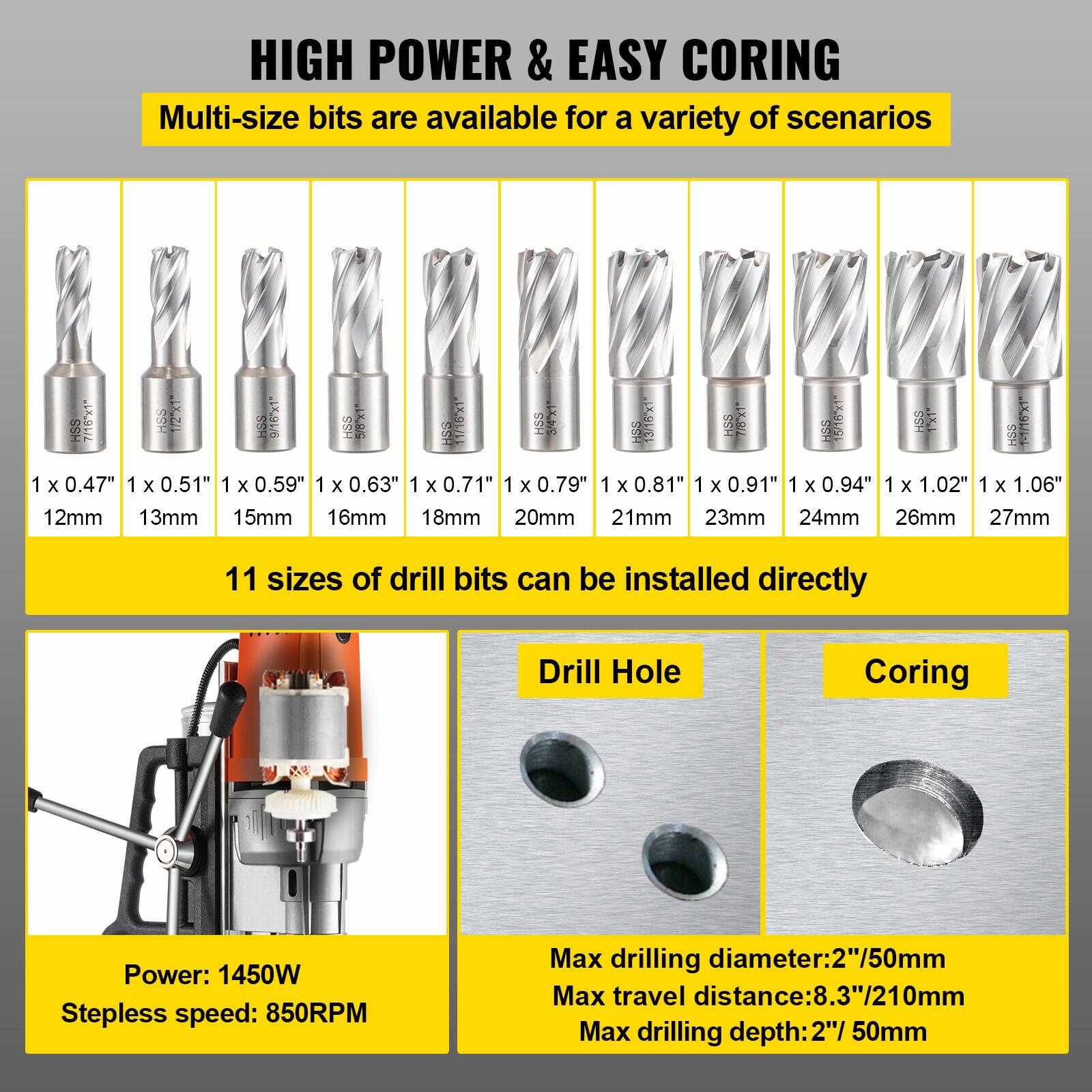 HIGH POWER & EASY CORING  
Multi-size bits are available for a variety of scenarios

HSS 7/16"x1"  
HSS 1/2"x1"  
HSS 9/16"x1"  
HSS 5/8"x1"  
HS5 11/16"x1"  
HSS 3/4"x1"  
HSS 13/16"x1"  
HS8 7/8"x1  
HSS 16/16"x1"  
HSS 1"x1"  
HSS X 0.47" 0.51" 0.59" X 0.63" 1x0.71" x0.79" X 0.81" 0.91" 1 X 0.94" 1 X 1.02" 1 X 1.06"  
12mm 13mm 15mm 16mm 18mm 20mm 21mm 23mm 24mm 26mm 27mm

11 sizes of drill