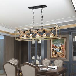 Loheer - 5-Light Kitchen Island Chandelier, Black and Wood Farmhouse Pendant Light
