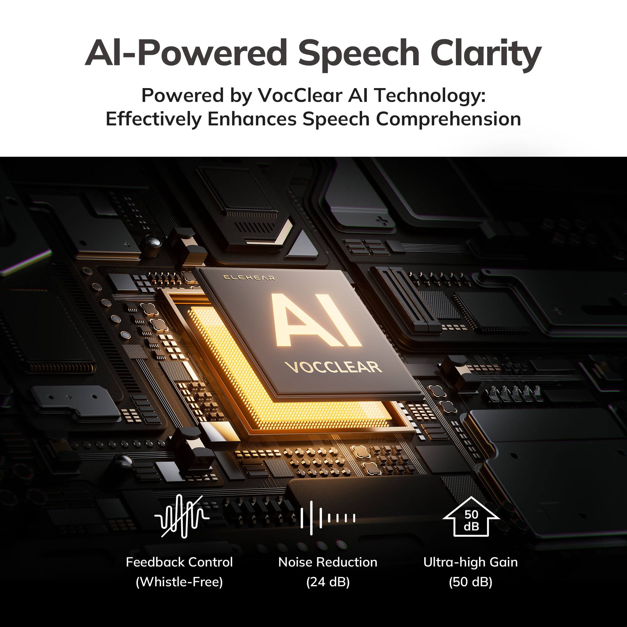 AI-Powered Speech Clarity  
Powered by VocClear AI Technology:  
Effectively Enhances Speech Comprehension  

- Feedback Control (Whistle-Free)  
- Noise Reduction (24 dB)  
- Ultra-high Gain (50 dB)