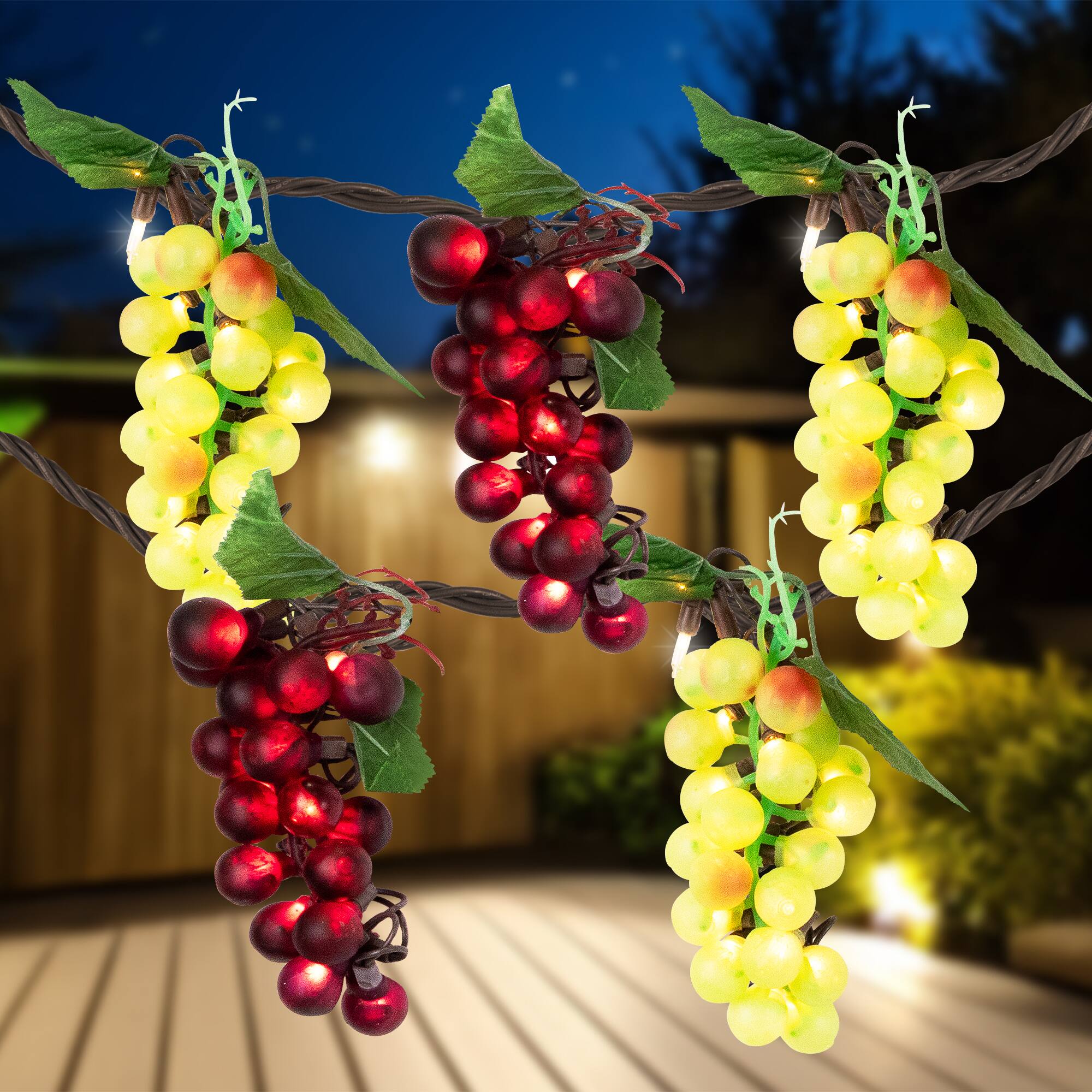 Front. Northlight - 5-Count Red and Green Grape Cluster String Light Set, 8ft Brown Wire - Red.