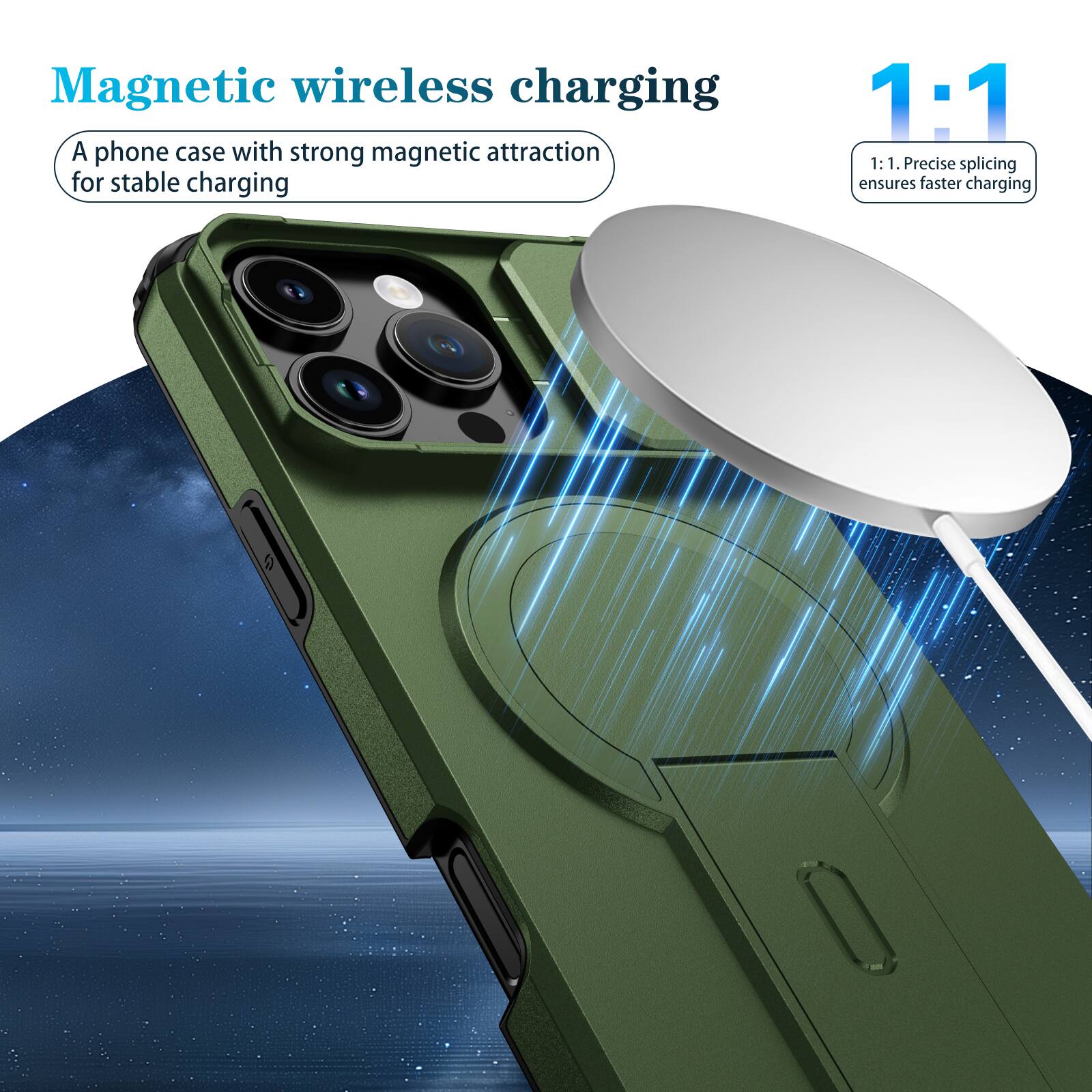 Magnetic wireless charging

A phone case with strong magnetic attraction for stable charging

1:1

1:1. Precise splicing ensures faster charging