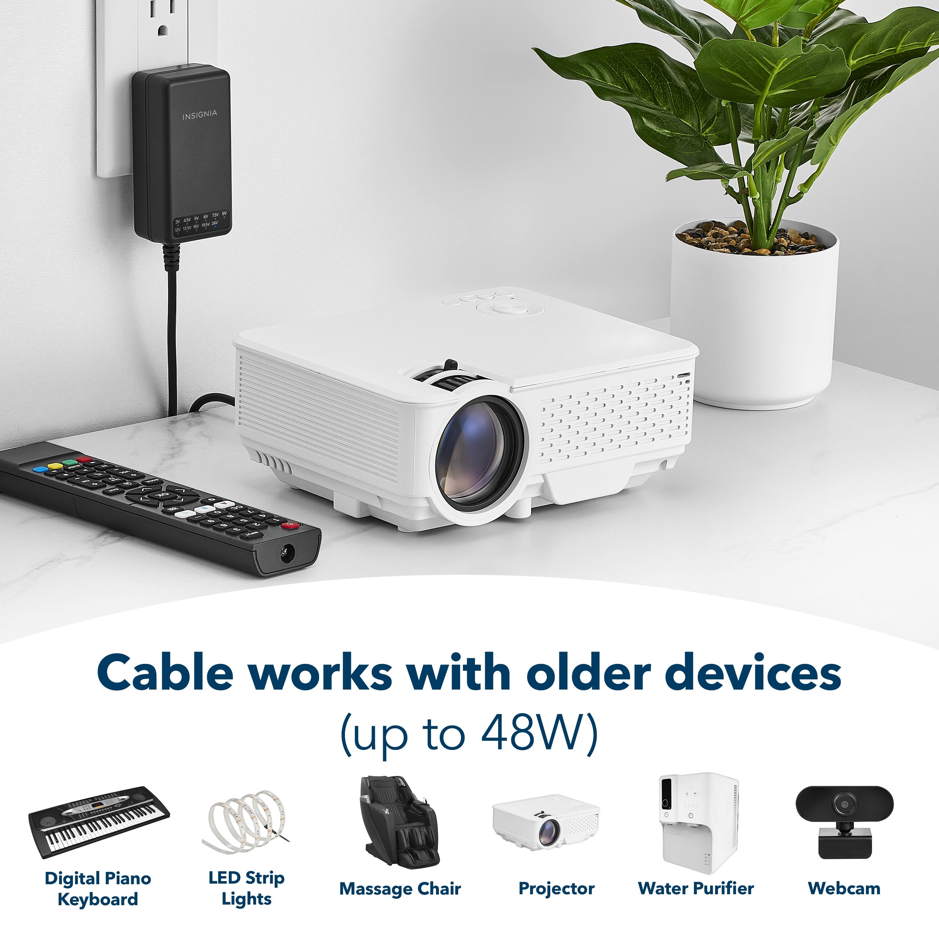 Cable works with older devices (up to 48W)

- Digital Piano Keyboard
- LED Strip Lights
- Massage Chair
- Projector
- Water Purifier
- Webcam