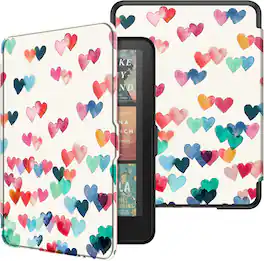 Fintie - Slim Case for 7" Kindle Paperwhite 12th Gen 2024 & Kindle Colorsoft Lightweight PU Leather Hard Back Shell - Raining Hearts