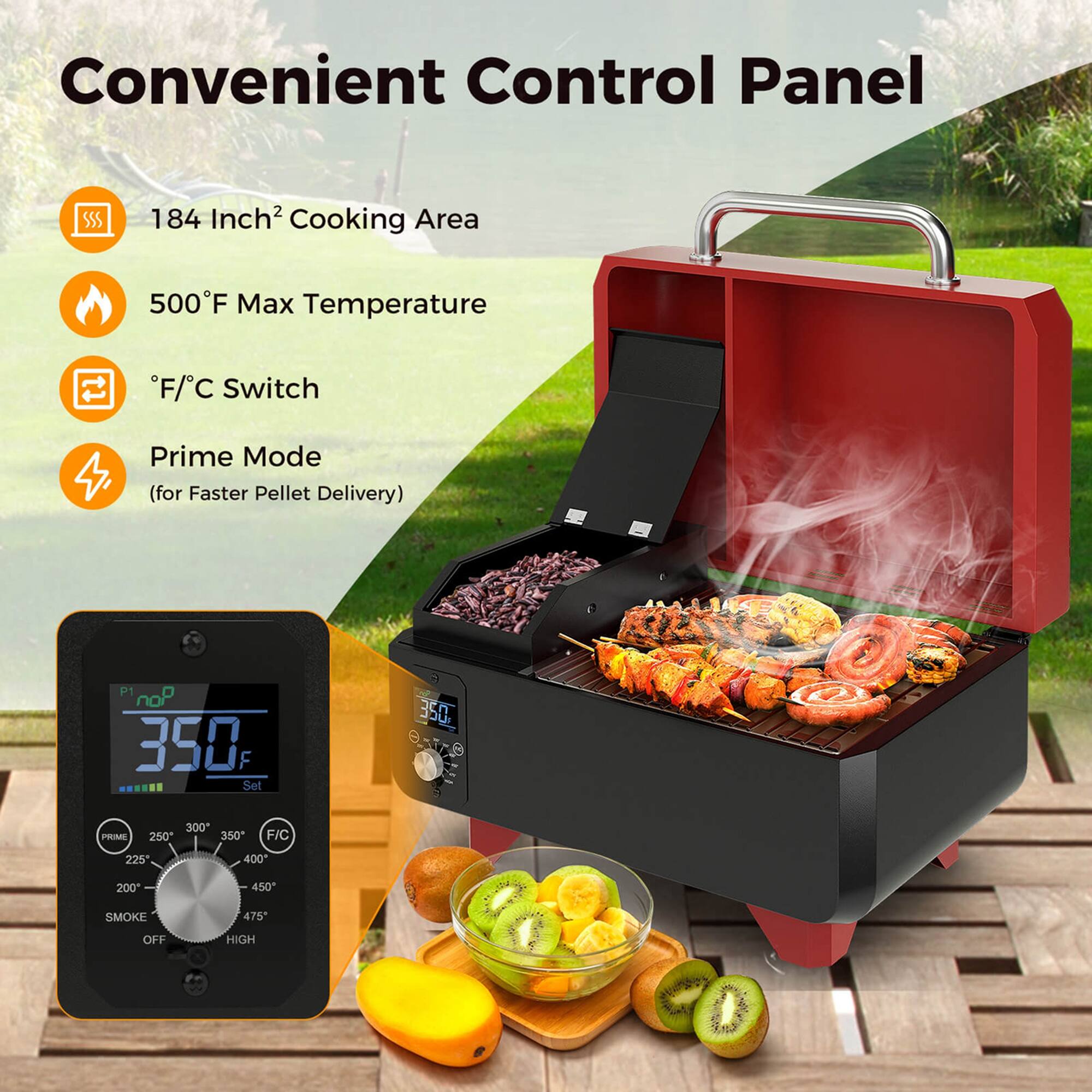 Convenient Control Panel: 184 Inch2 Cooking Area, 500F Max Temperature, F/C Switch, 4. Prime Mode (for Faster Pellet Delivery) P1 noP 350 F Set 3S0 PME 300* 250 350 F/C 225 400 200 450 SMOKE 475 OFF HIGH