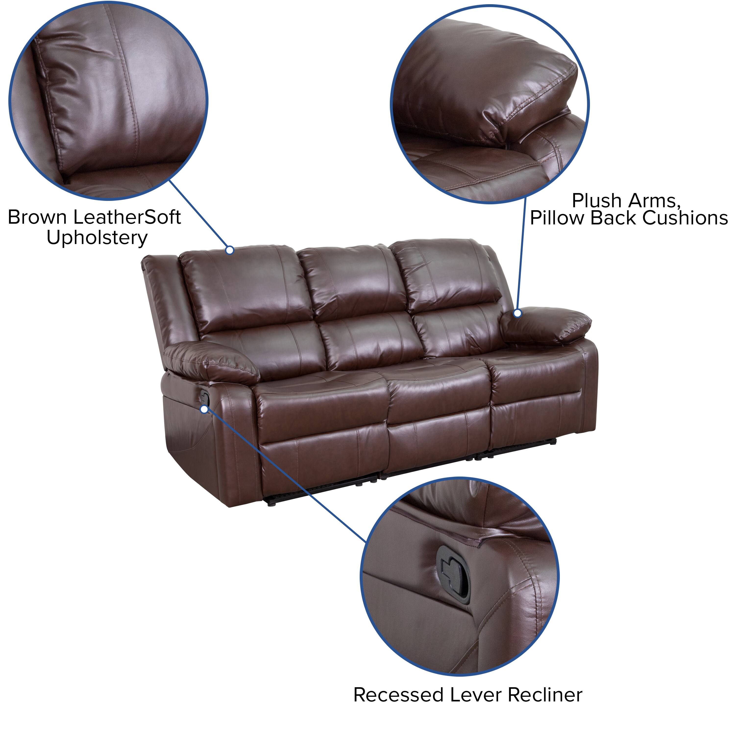 Brown Leather Soft Upholstery  
Plush Arms, Pillow Back Cushions  
Recessed Lever Recliner