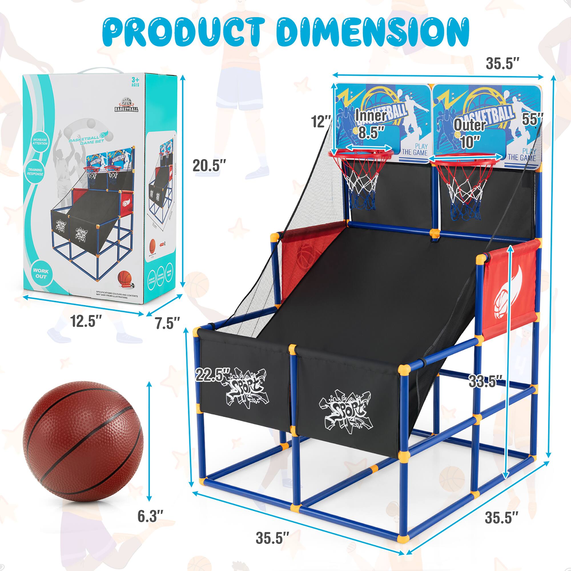 Product Dimension: 35.5" 2+ Add I A M MP ada MLISETAA a SADESTUALL -T BLAE -. 20.5" 12" Inner FBALL EaA 8.5" PLAY THE GAME Outer UFAETBALL 55" 10" PL RY THE GAME - I WORK OUT eee ee - 1 - I ! | 12.5" 7.5" 22.5 SPORTS  SPORt 33.5" 6.3" 35.5"