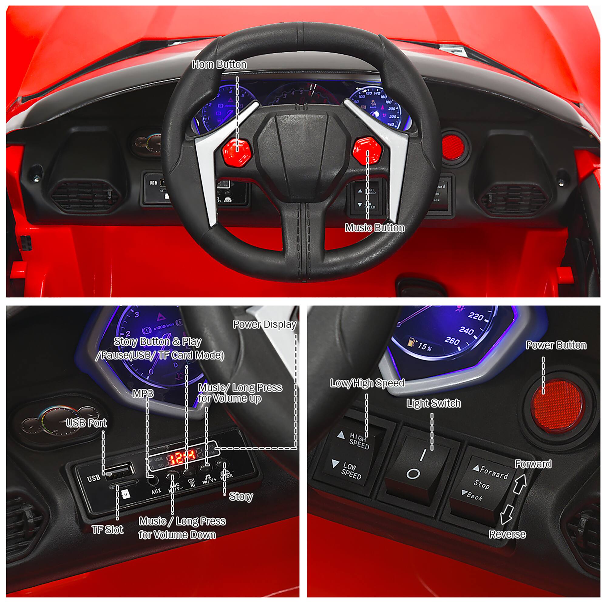 - Horn Button
- Music Button
- Power Display
- Story Button & Play/Pause (USB/TF Card Mode)
- USB Port
- TF Slot
- Power Button
- Low/High Speed
- Light Switch
- Forward
- Stop
- Back
- Reverse

- Music/Long Press for Volume up
- Music/Long Press for Volume down