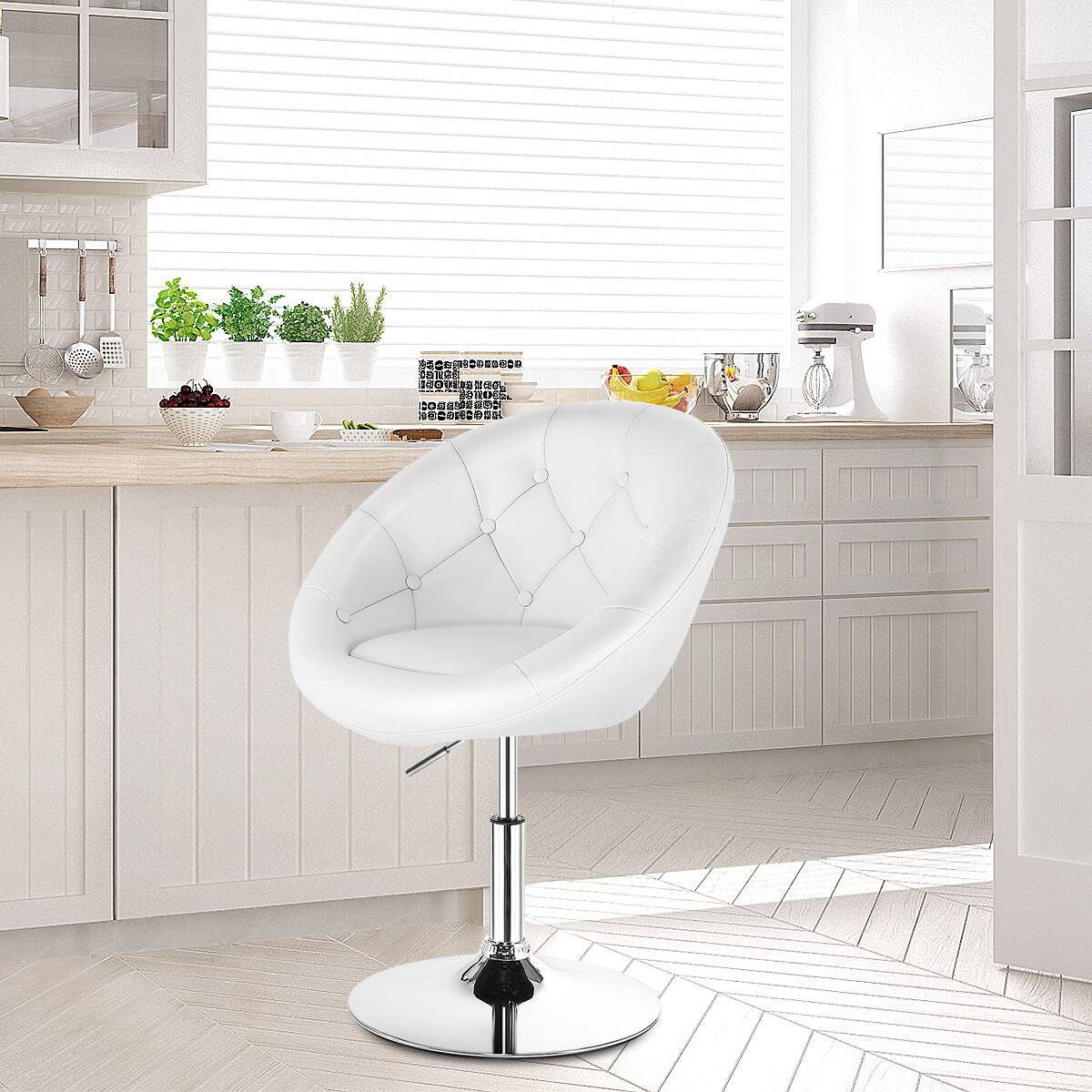 Alt View 4. Costway - Costway 1PC Adjustable  Round  Swivel Tufted Back Accent Chair PU Leather - White.