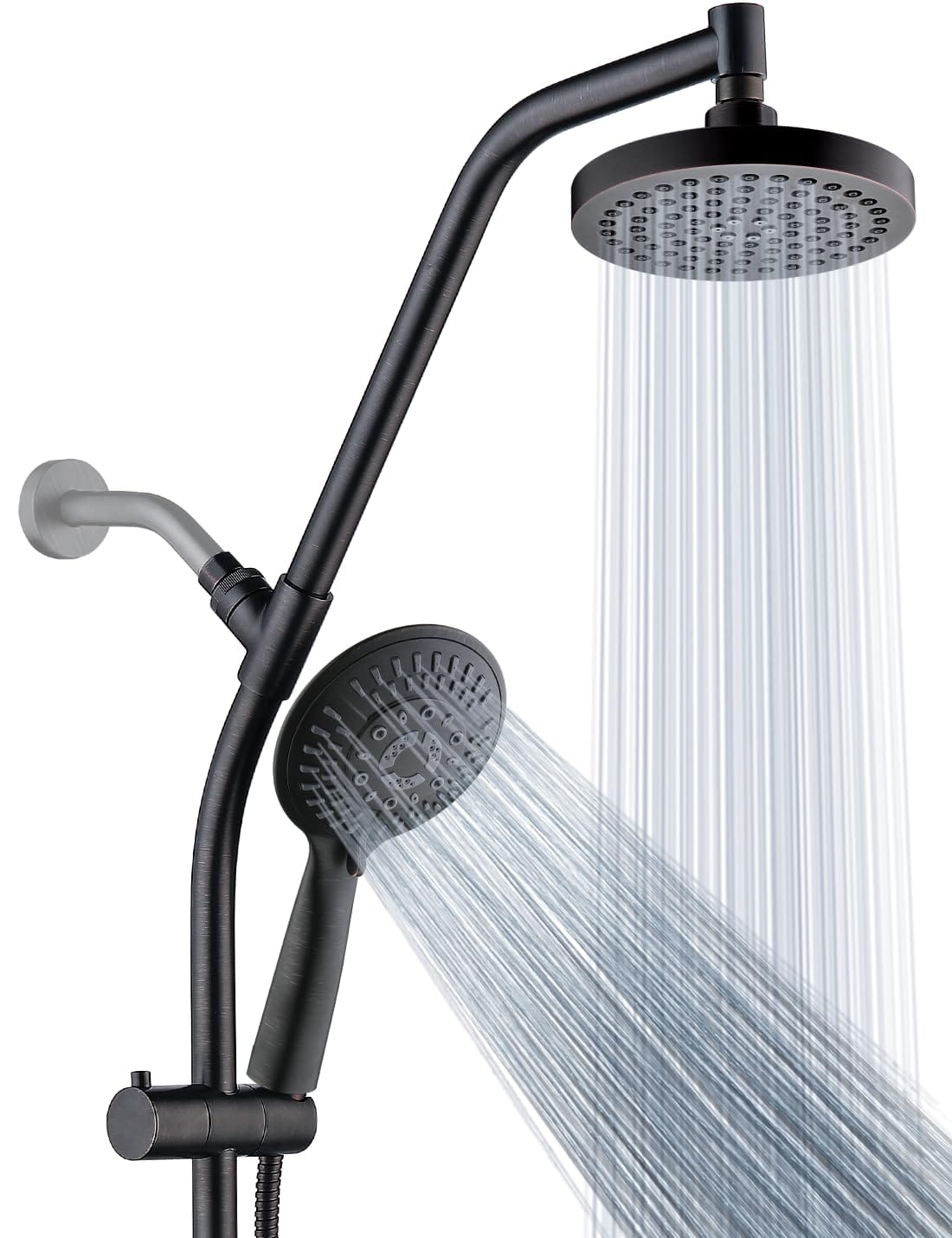 JETRANSPORT - Rain Shower Head Combo With Solid Brass Slide Bar & Diverter Dual High Heads 5-setting Handheld Adjustable - Oil-Rubbed Bronze