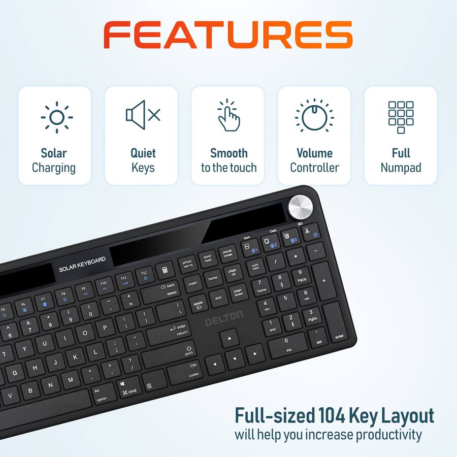 Solar Keyboard Kit Delton KB90 Wireless Solar (Light Powered) Rechargeable Keyboard, No ...