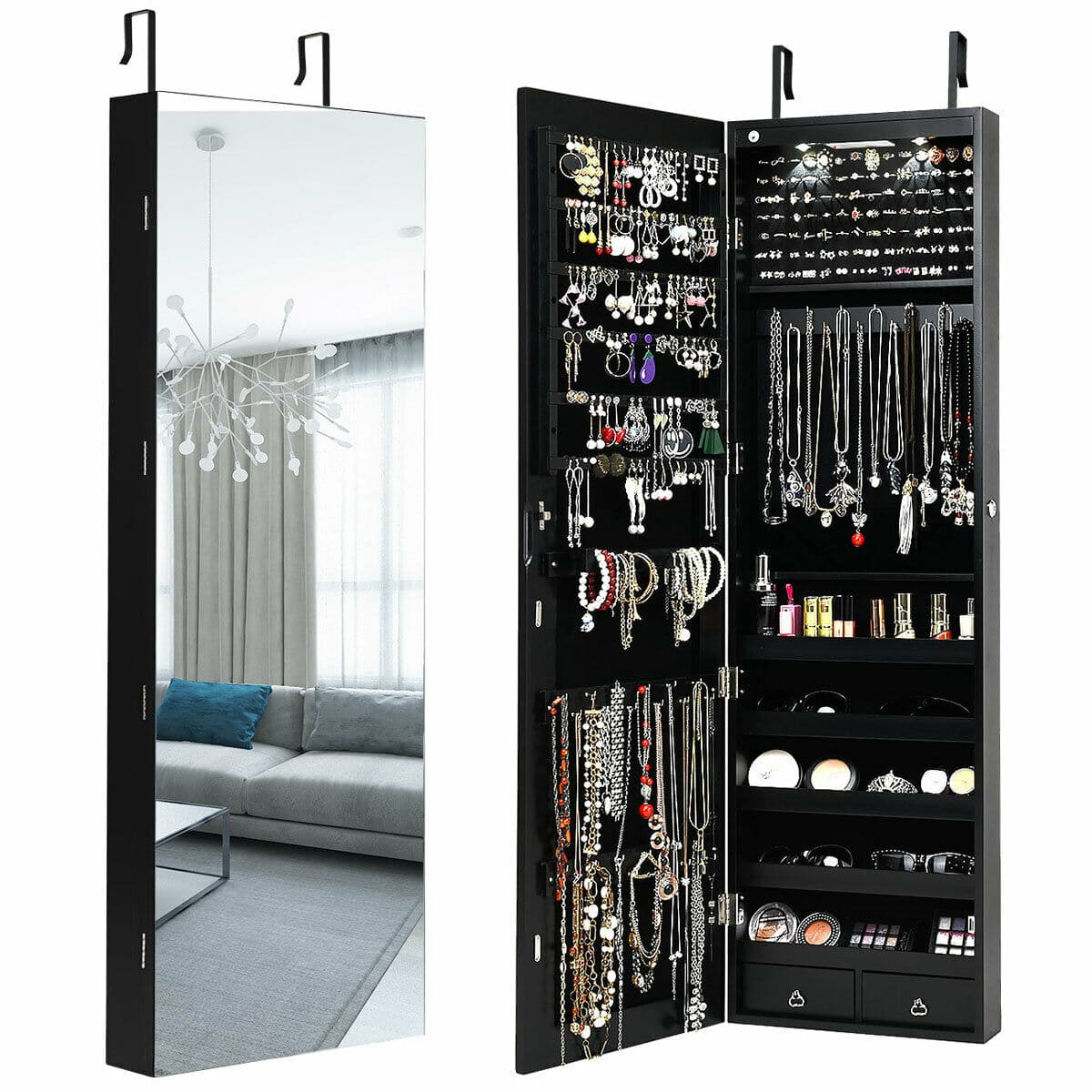 Gymax - Wall & Door Mounted Mirrored Jewelry Cabinet Storage Organizer W/ Lights&Drawer - Black