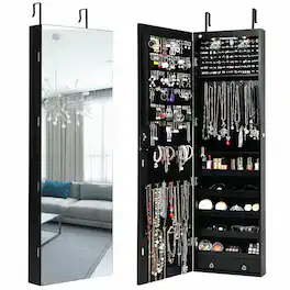 Gymax - Wall & Door Mounted Mirrored Jewelry Cabinet Storage Organizer W/ Lights&Drawer - Black
