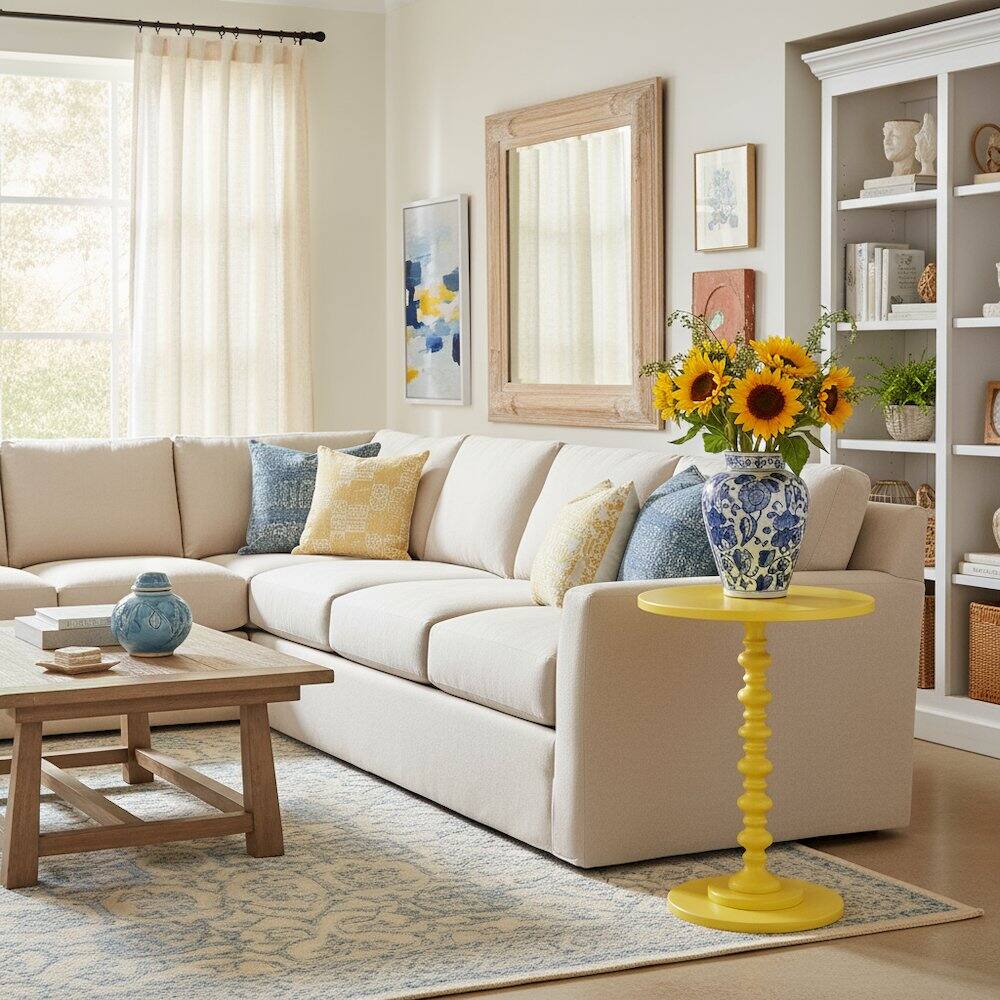 Back. FurniFact - Spindle Base Round Coffee Table in Yellow Color - Yellow.