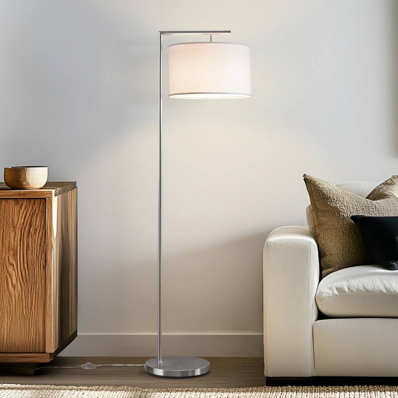 Alt View 7. Brightech - Montage Modern LED Midcentury Modern Arc Super Bright Floor Lamp with Ivory White Fabric Drum Shade - Brushed Satin Nickel.