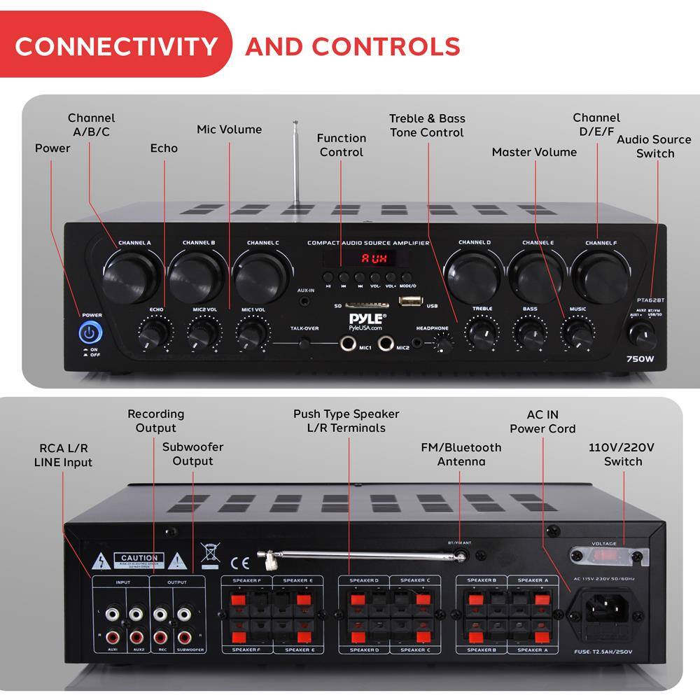 **CONNECTIVITY AND CONTROLS**

- **Channel A/B/C**
  - Power
  - Echo
  - Mic Volume

- **Channel D/E/F**
  - Audio Source Switch

- **Tone Control**
  - Treble & Bass

- **Master Volume**

- **Function Control**

- **RCA L/R LINE Input**
- **Recording Output**
- **Subwoofer Output**
- **Push Type Speaker L/R Terminals**
- **FM/Bluetooth Antenna**
- **AC IN Power Cord**
- **110V/220V Switch**

- **Speaker Terminals**
  - SPEAKER A
  - SPEAKER B
  - SPEAKER C
  - SPEAKER D
  - SPEAKER E
  - SPEAKER F

- **VOLTAGE CAUTION**
  - 115V - 230V / 50/60Hz
  - FUSE 12A 250V

- **USB**
- **HEADPHONE**
- **MIC**
- **TALK OVER**
- **PTAG2BT**
- **MUSIC**
- **BASS**
- **TREBLE**
- **MUTE**
-