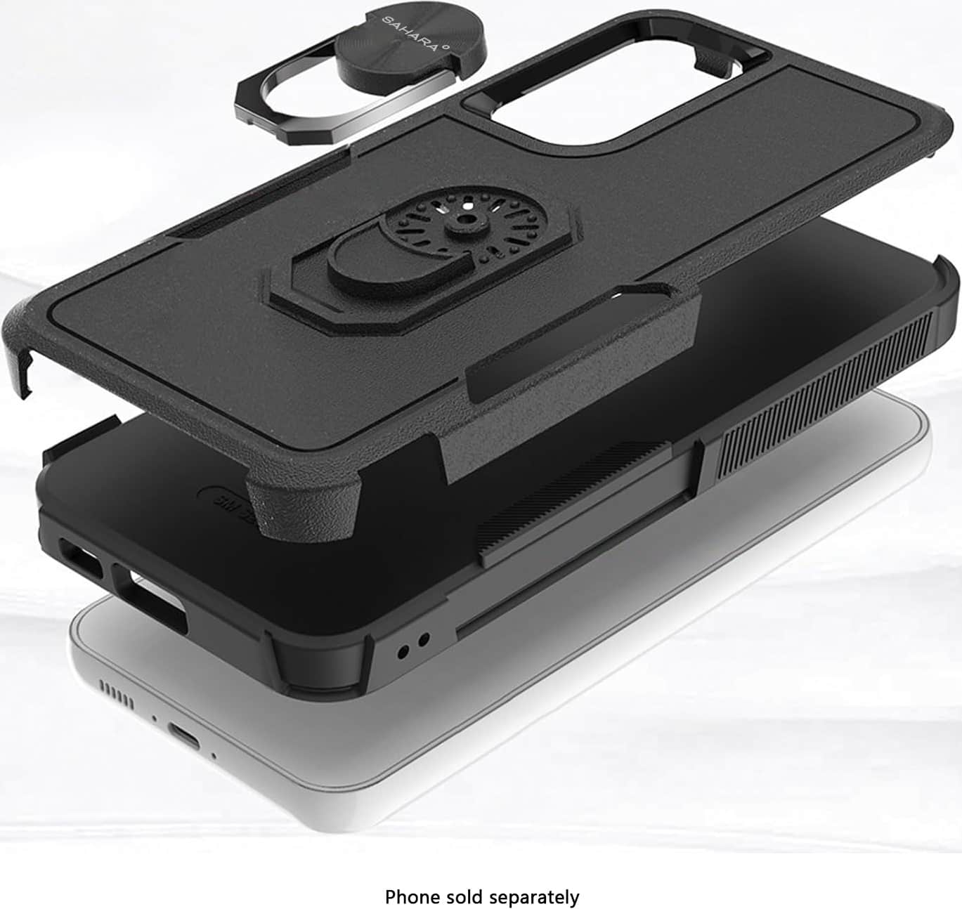 The image features a black cell phone case with a camera on top of it. The case is designed to hold a cell phone securely and protect it from damage. The phone itself is not included in the case, as it is sold separately.