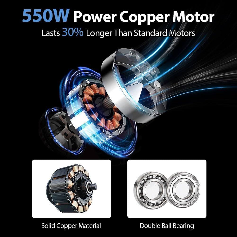 550W Power Copper Motor  
Lasts 30% Longer Than Standard Motors  

Solid Copper Material  
Double Ball Bearing