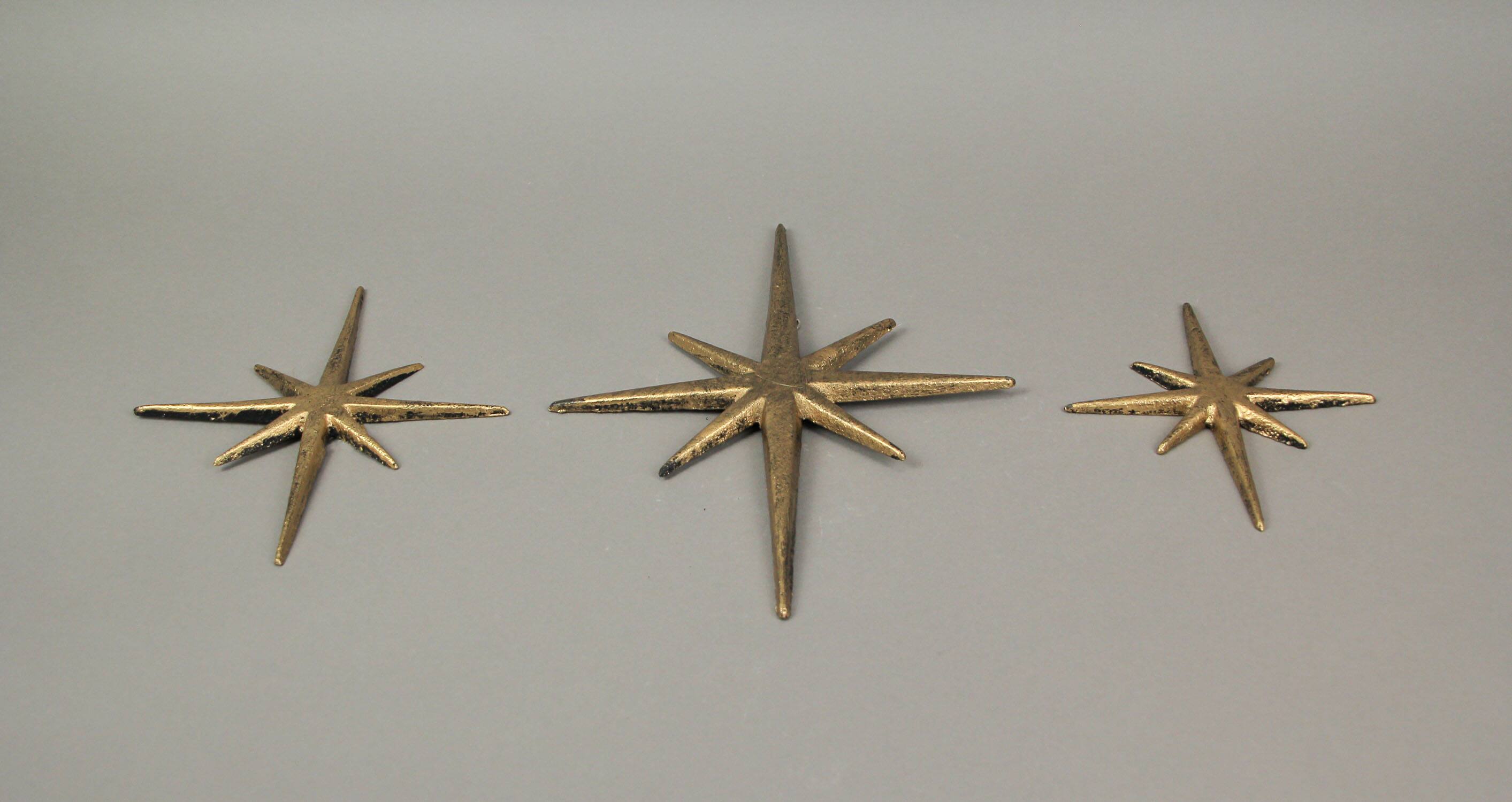 Alt View 2. Zeckos - Set of 3 Metallic Gold Cast Iron Starburst Wall Hangings 8 Pointed Stars - Gold.