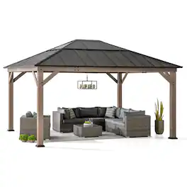 SUNJOY - 13 ft. x 15 ft. Cedar Framed Gazebo with Steel and Polycarbonate Hip Roof Hardtop - Brown