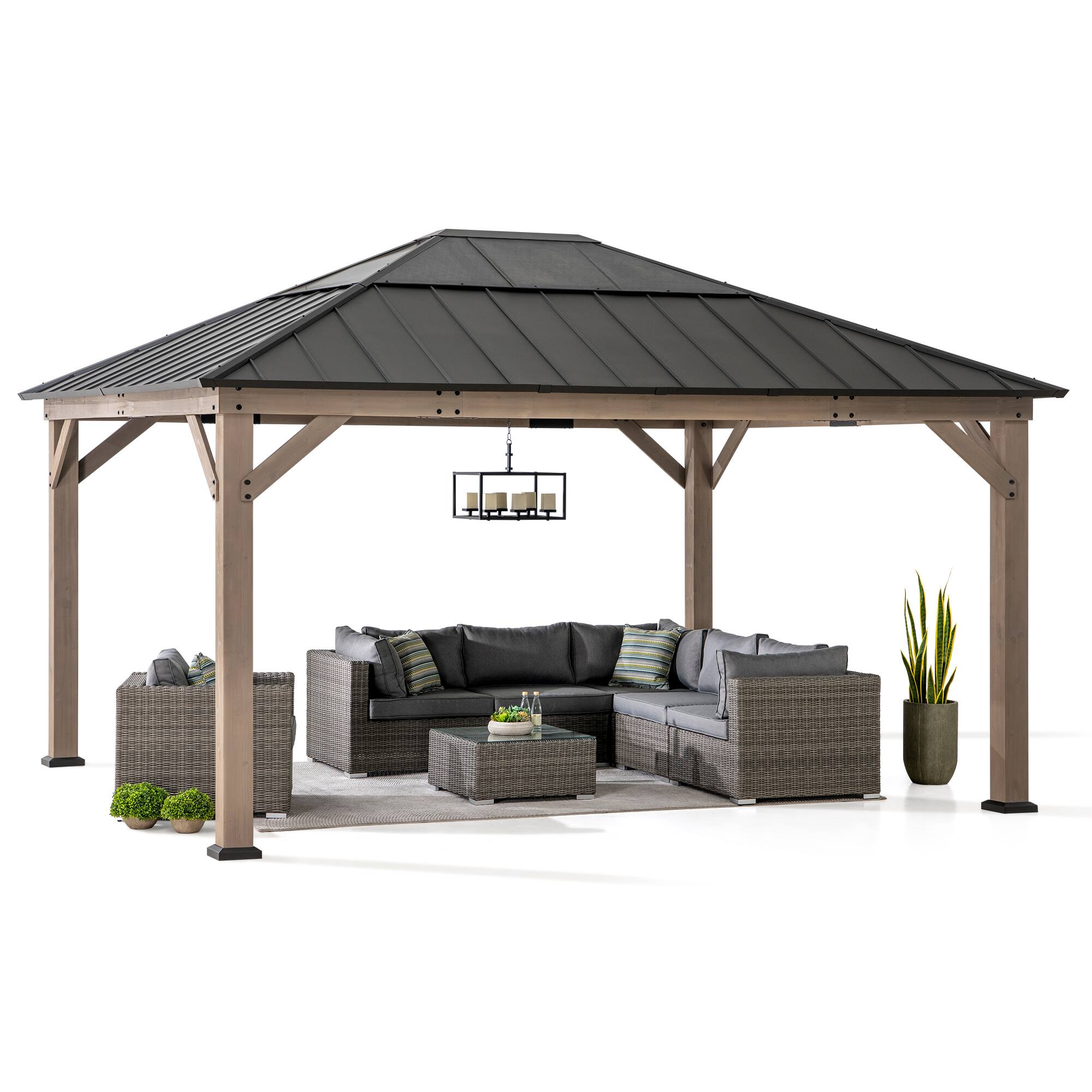 Front. SUNJOY - Sunjoy 13 ft. x 15 ft. Cedar Framed Gazebo with Steel and Polycarbonate Hip Roof Hardtop - Brown - Brown.