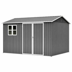 Front. RYHNUYNE - 10x8 ft Steel Shed Translucent Window Lockable Doors Sloped Roof Weatherproof Dark Gray - Gray.