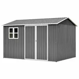 RYHNUYNE - 10x8 ft Steel Shed Translucent Window Lockable Doors Sloped Roof Weatherproof Dark - Gray