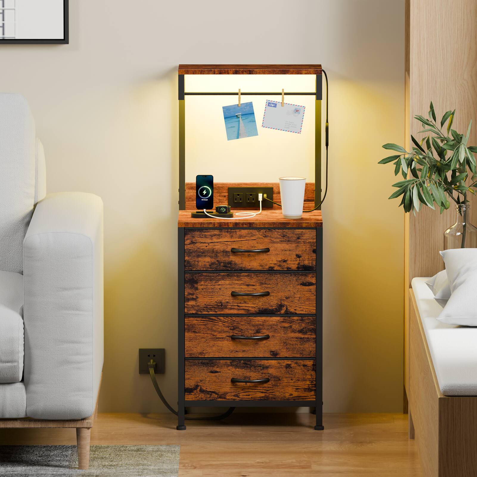 Front. Furnulem - Nightstands with 4 Drawer  Outlets Bedside Tables with 2 USB Ports  2Tier Open Shelf - Brown.