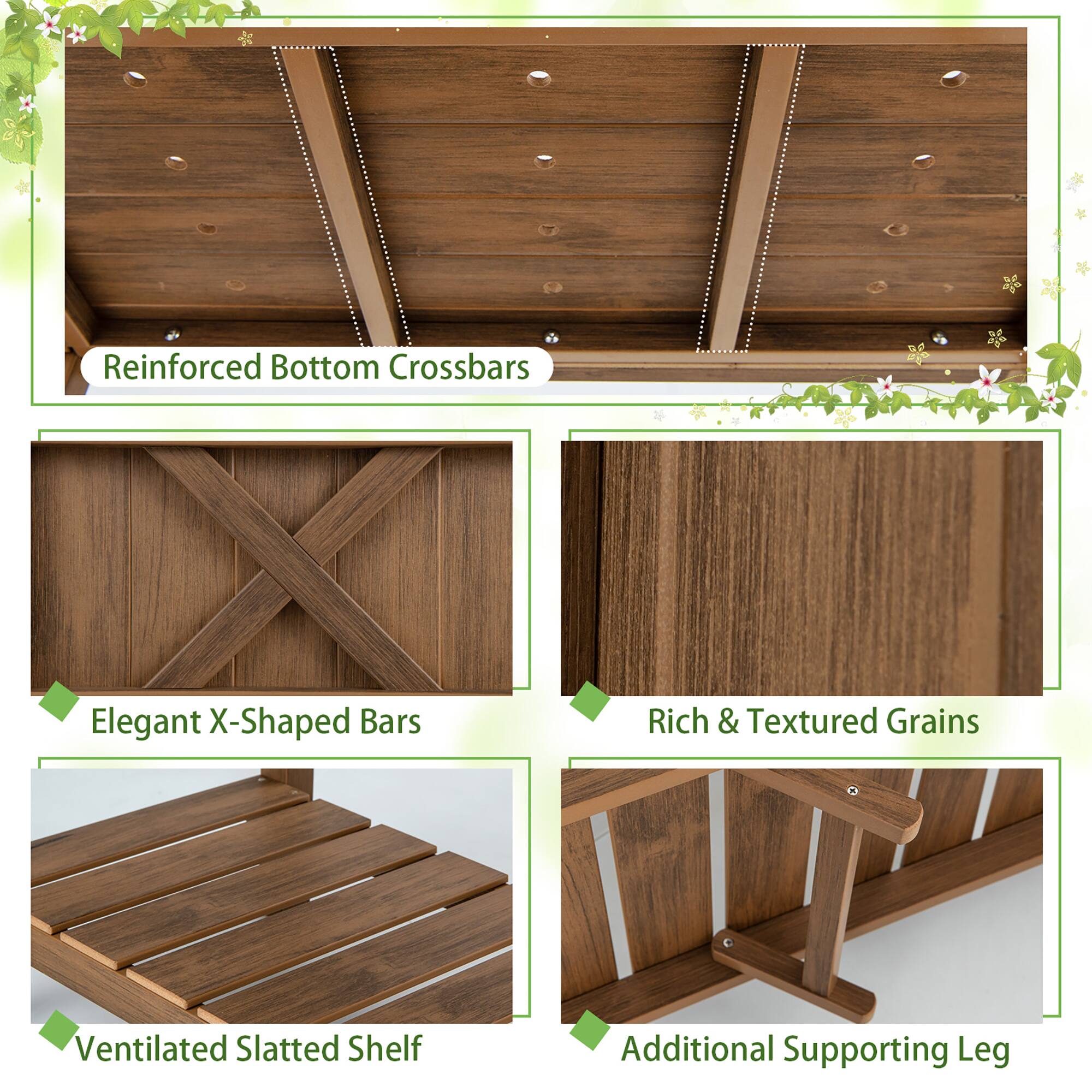 - Reinforced Bottom Crossbars
- Elegant X-Shaped Bars
- Rich & Textured Grains
- Ventilated Slatted Shelf
- Additional Supporting Leg