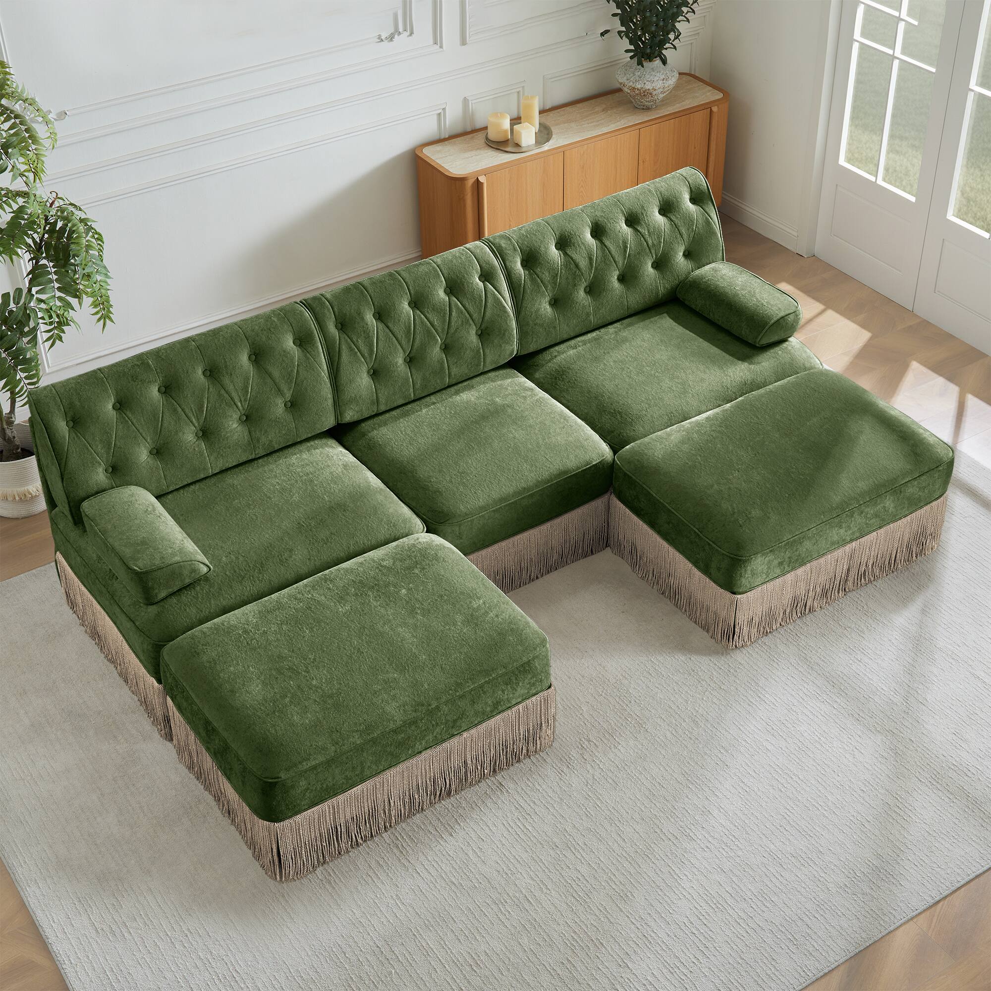 Left. LOVMOR - U Shaped Modular Compressed Pack Velvet Couch Tufted For Living Room Bedroom Soft Modern Lounge Indoor Elegant - Green.