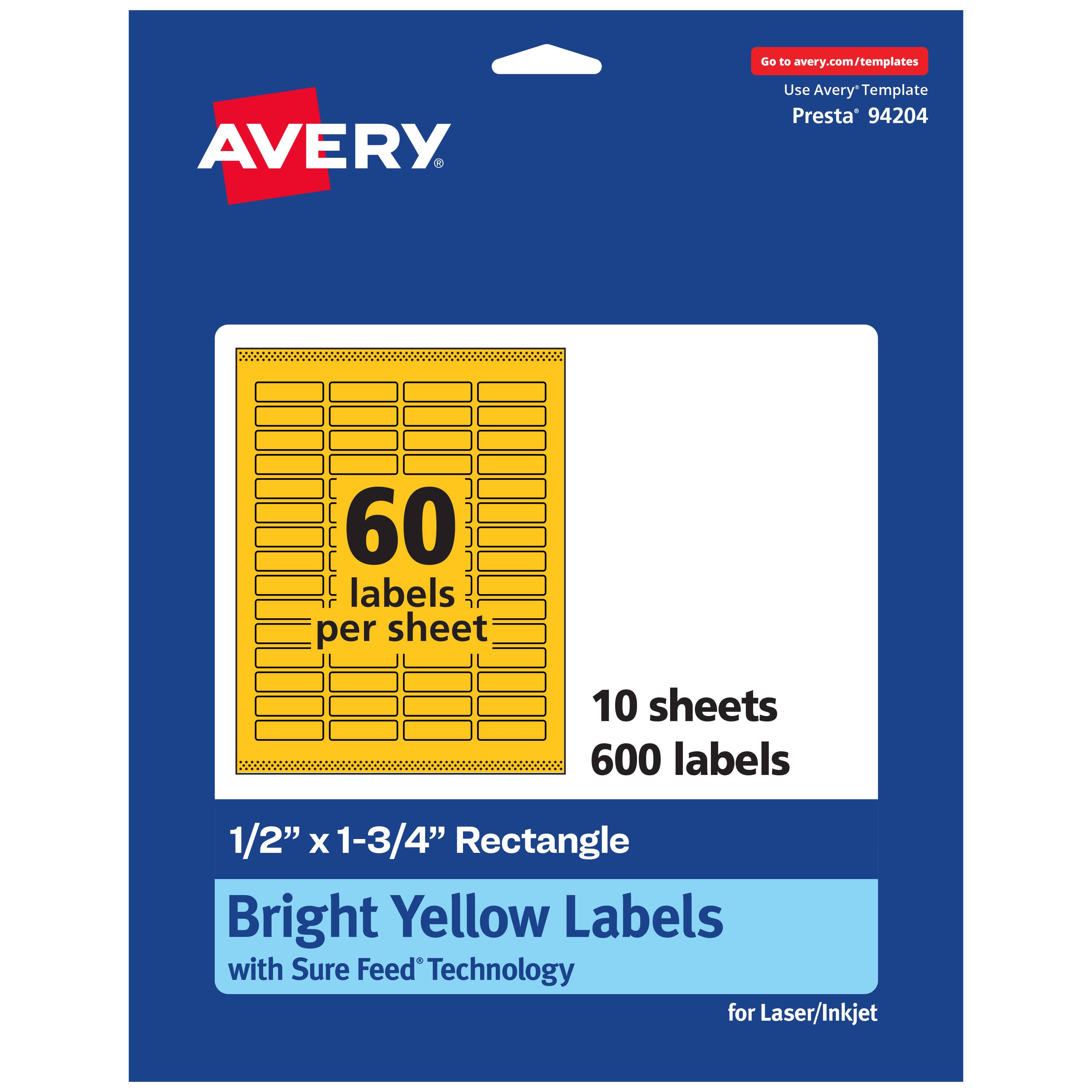 Go to avery.com/templates  
Use Avery Template Presta® 94204  
60 labels per sheet  
10 sheets  
600 labels  
1/2" x 1-3/4" Rectangle  
Bright Yellow Labels with Sure Feed Technology for Laser/Inkjet