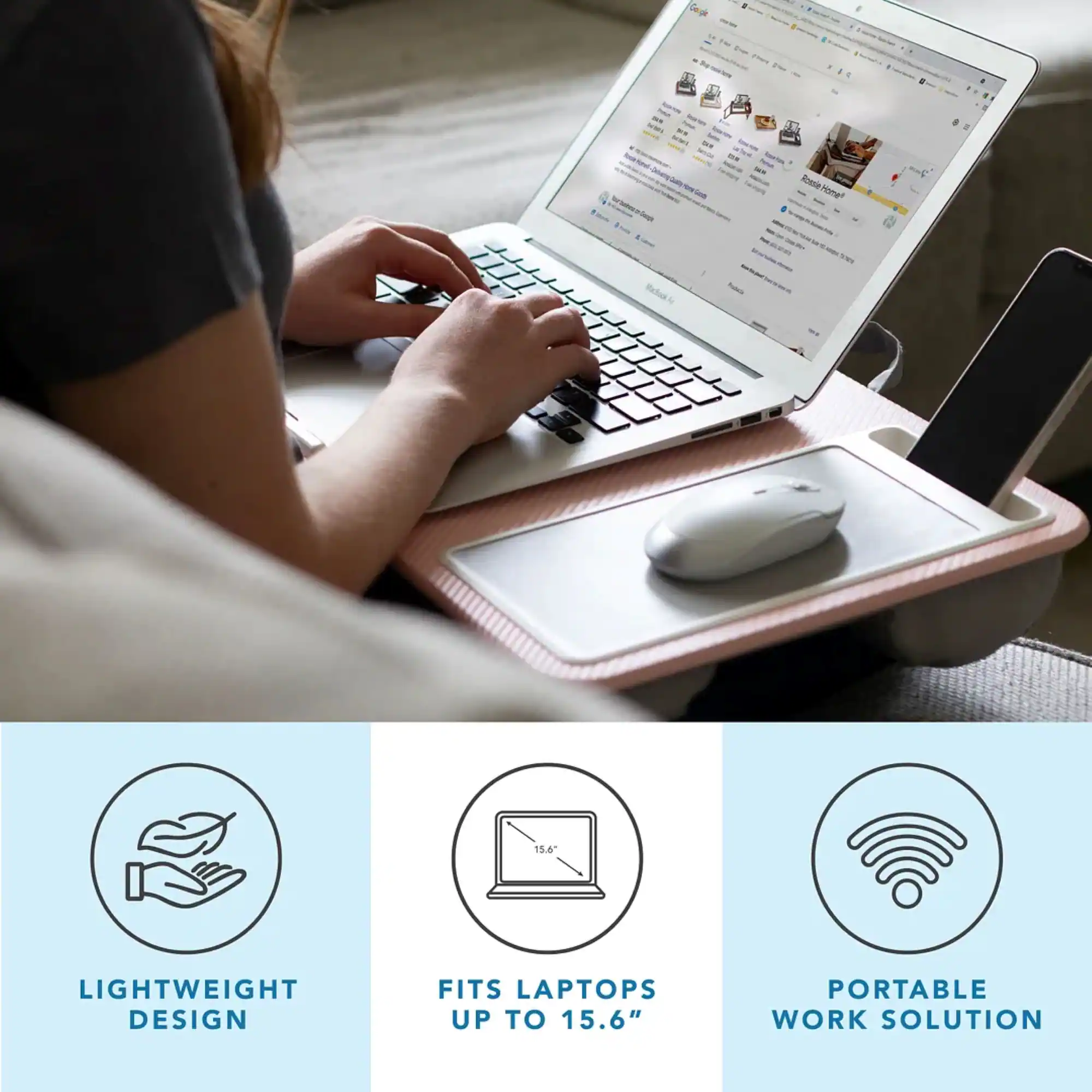 The text on the image reads: "Lightweight Design Fits Laptops Up to 15.6" Portable Work Solution."