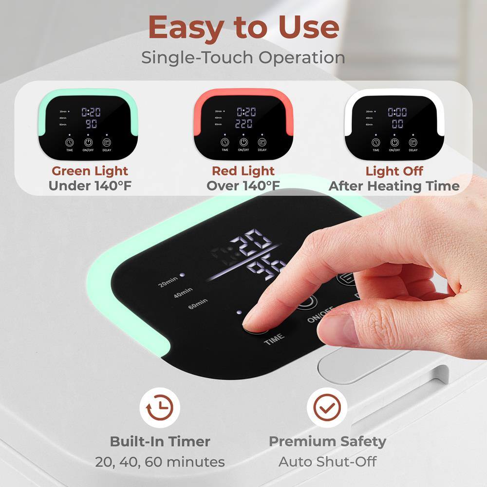 Easy to Use  
Single-Touch Operation  

- Green Light Under 140°F  
- Red Light Over 140°F  
- Light Off After Heating Time  

Built-In Timer: 20, 40, 60 minutes  
Premium Safety Auto Shut-Off