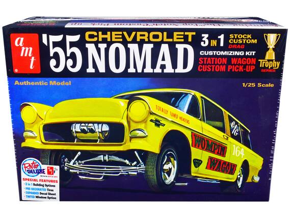 Sure, here is the corrected and grouped text from the image:
---
**AMT**
**'55 NOMAD**
**Authentic Model**
**3 in 1 STOCK CUSTOM DRAG CUSTOMIZING KIT**
**STATION WAGON CUSTOM PICK-UP**
**Trophy Series**
**1/25 Scale**
**SPECIAL FEATURES**
- 3 in 1 Building Options
- PRE-DECORATED Tires
- EXPANDED Decal Sheet
- TINTED Window Option
**Retro DELUXE**
**Totally Tuned Headers**
**WOMPIN 164 WAGON**
**CG**
**AMT**
**Only from K&N AMT**
---
This text is organized to reflect the information on the box, including the model name, features, and special details.
