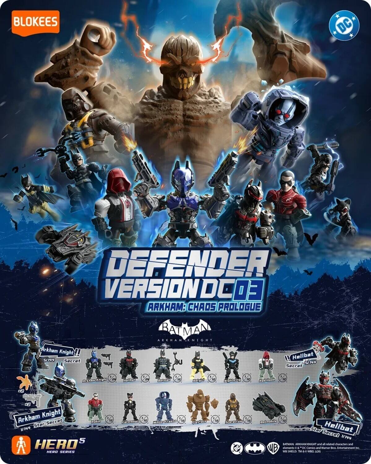 BLOKEES  
DC  
DEFENDER VERSION DC OF ARKHAM: CHAOS PROLOGUE  
BATMAN ARKHAM KNIGHT  
Arkham Knight 5/144 !! Hellbat Secret  
Ford KAight  
Mellbad  
12  
Bargirl  
Nightwing  
Red Hood  
5x  
x2 Arkham Knight Secret Rabilia Star 1/144 5 HERO HERO SERIES  
ST  
Catwoman  
Mister Freeze  
UV Scarecrow  
Betmobile Star Secret Hellbat 1/144 REMAN MIXHAM YQUICANTE and all related characters and WB elements  
SHIELD 0 + DC 0 Comics WOLL (125)  
BOL Entertainment nc.