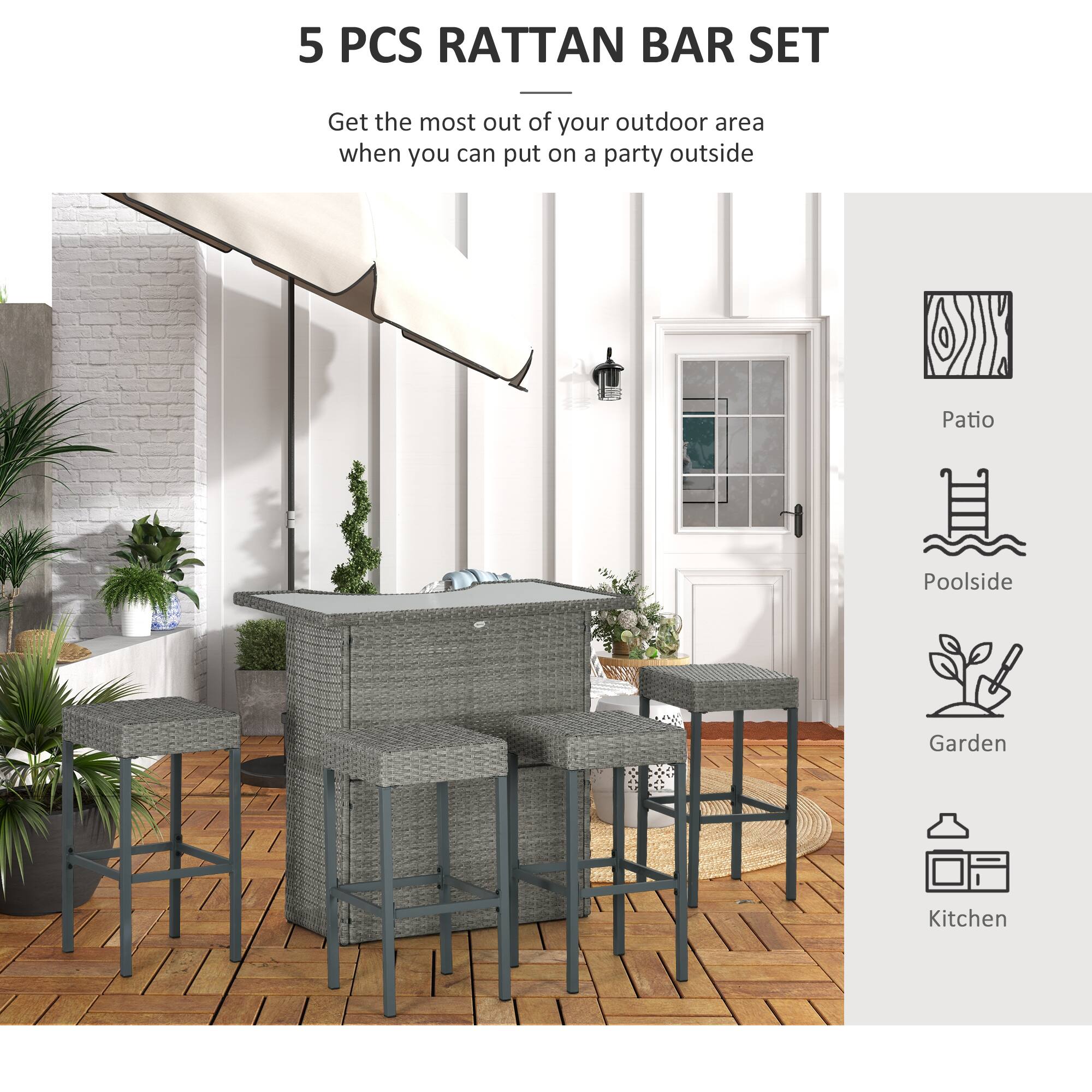 5 PCS RATTAN BAR SET

Get the most out of your outdoor area when you can put on a party outside

Patio  
Poolside  
Garden  
Kitchen