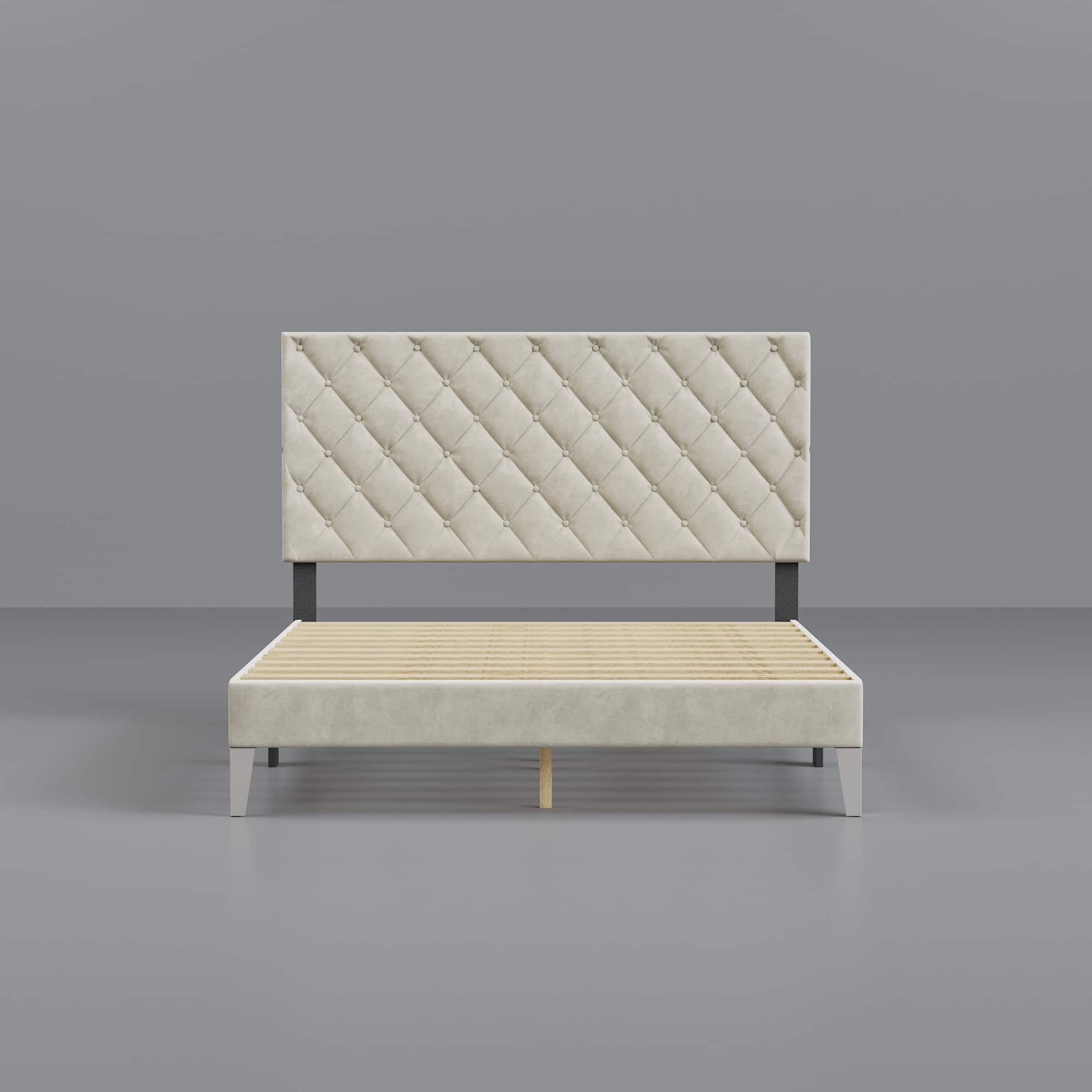 Famapy - Upholstered Bed Frame - Tufted Headboard, Sturdy Slats, Modern Design - White