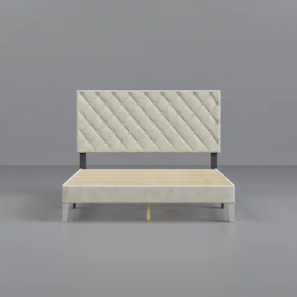 Front. Famapy - Famapy Upholstered Bed Frame - Tufted Headboard, Sturdy Slats, Modern Design - White.