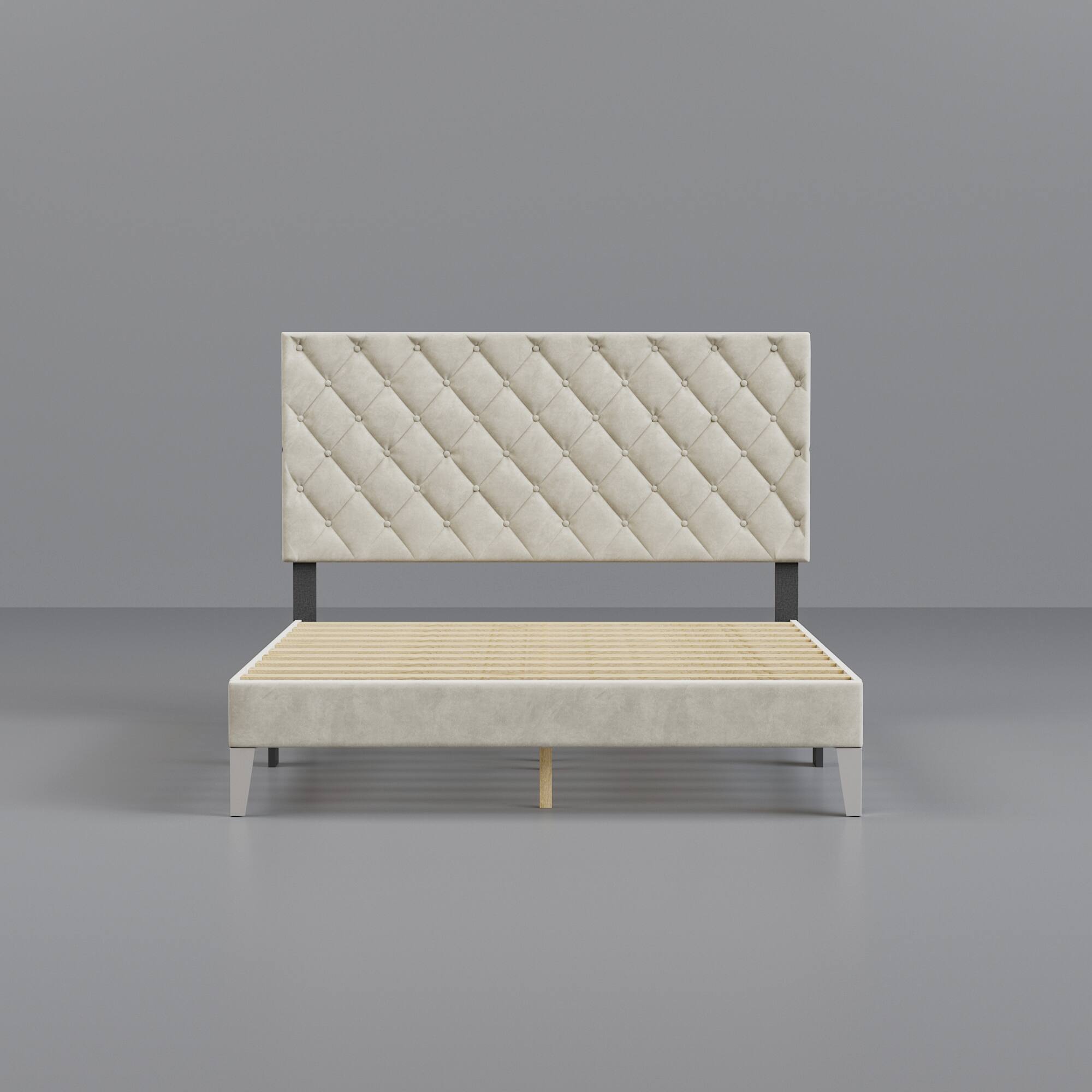 Front. Famapy - Famapy Upholstered Bed Frame - Tufted Headboard, Sturdy Slats, Modern Design - White.