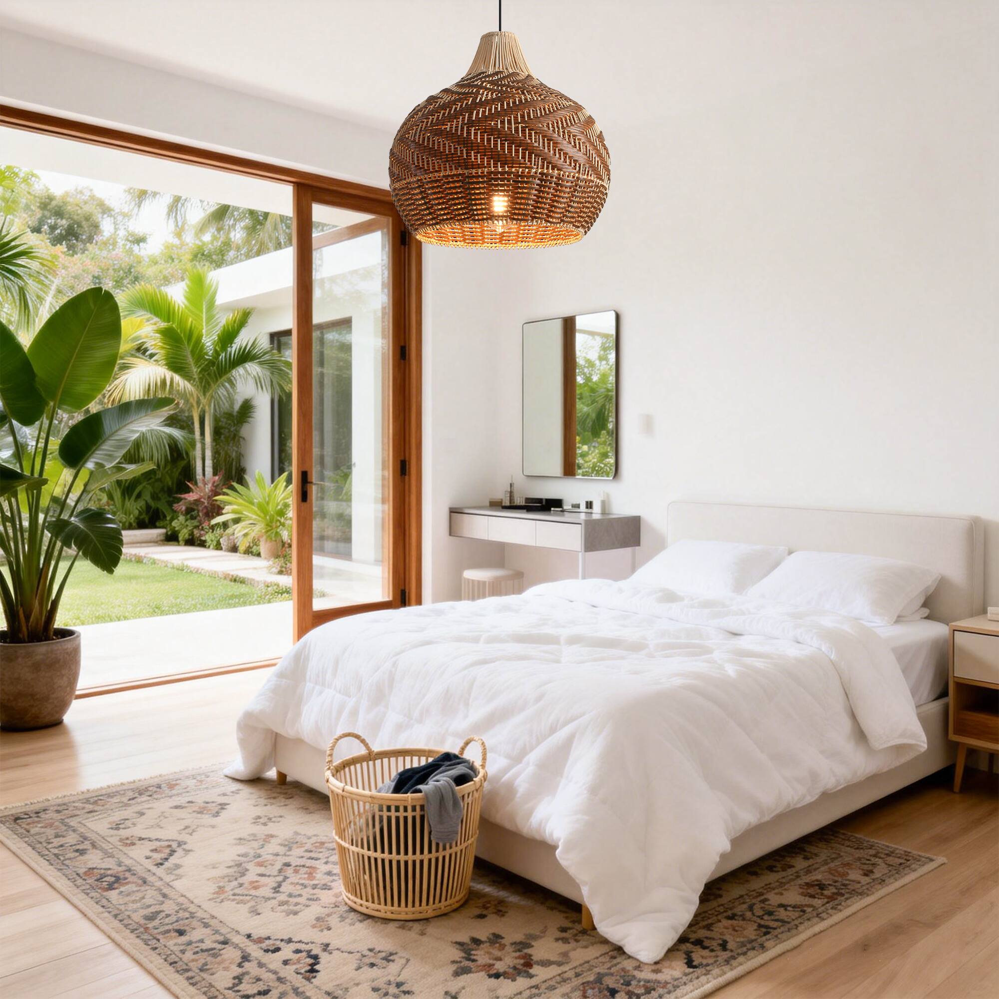 Left. Parrot Uncle - 1-Light Boho Brown me Hand-Woven Cloche Hanging Basket Pendant Light.