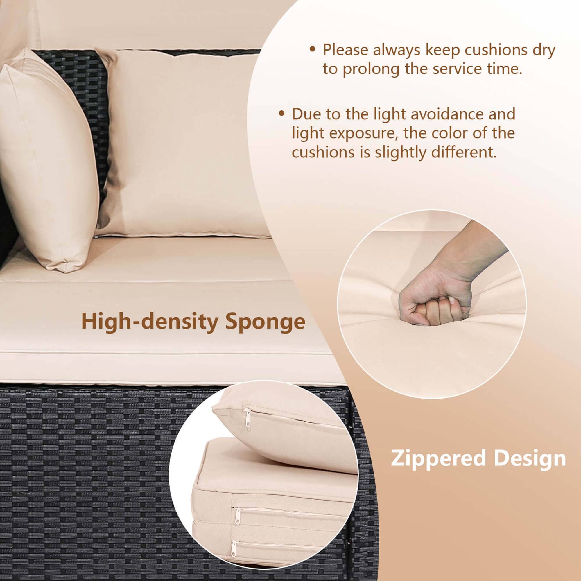 Please always keep cushions dry to prolong the service time. Due to the light avoidance and light exposure, the color of the cushions is slightly different. High-density Sponge Zippered Design.