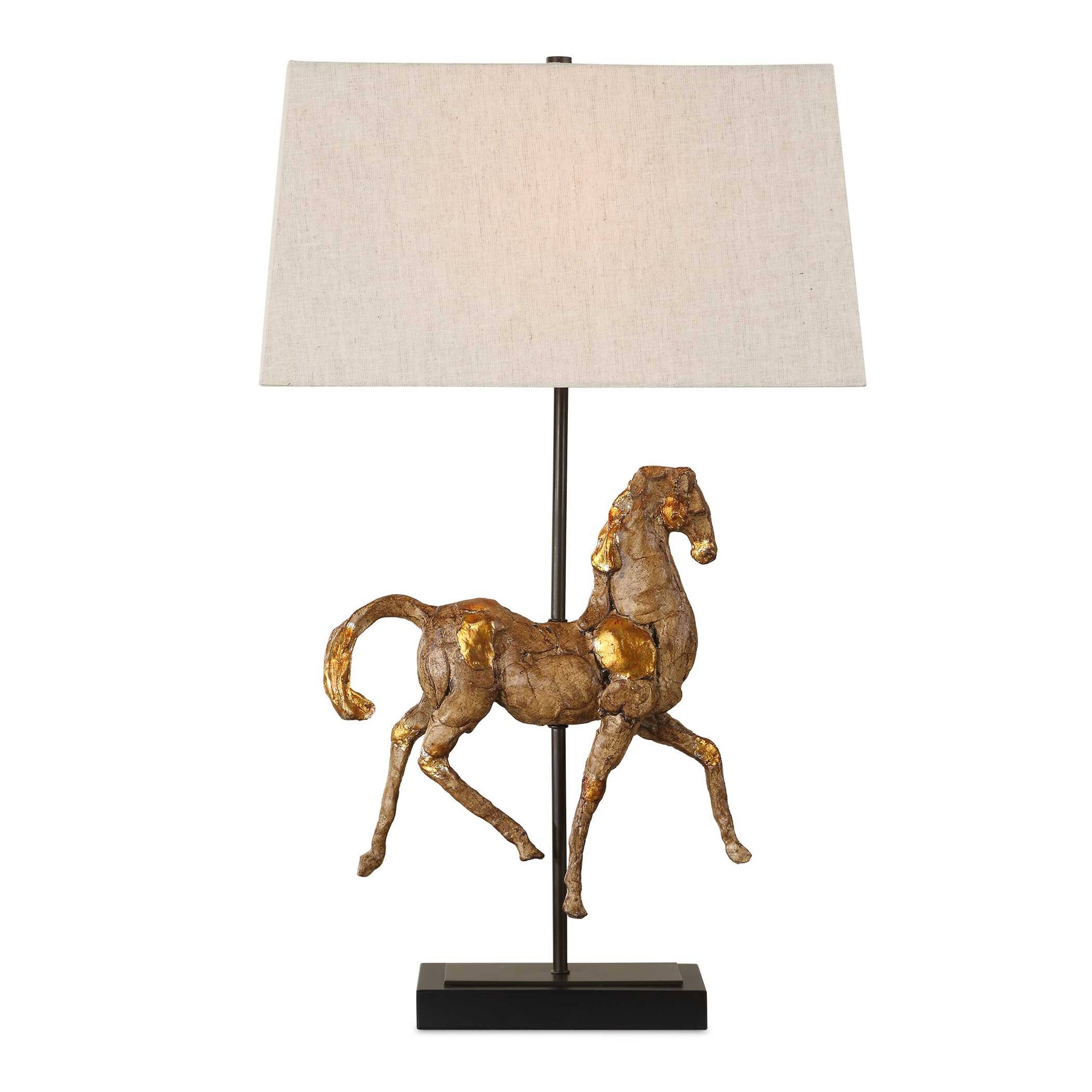 Front. Manhattan Lane - Horse Sculpture Table Lamp, Linen Shade, 29 Inch Iron - Brown, Beige, Black.