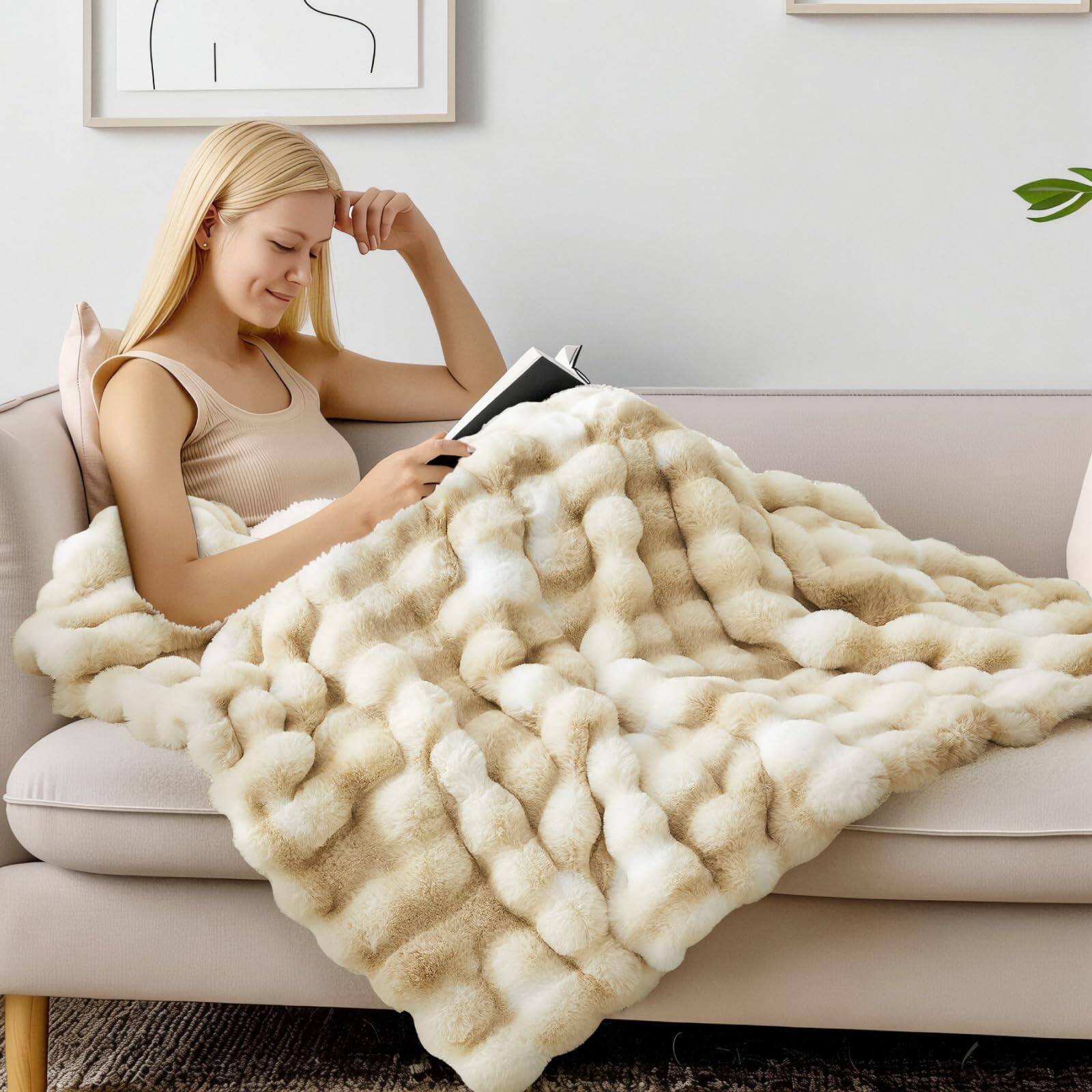 Alt View 1. ThinkLink Electronic - Faux Throw Blanket Couch Plush Bubble Soft Cozy Fluffy Rabbit Gift warm comfortable - Tie-dye Khaki Twin(60"x80").
