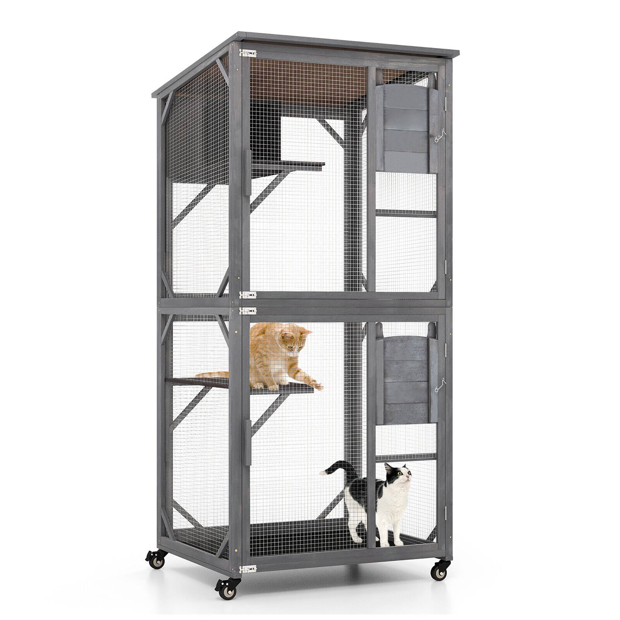 Alt View 9. Gymax - Gymax Wooden Cat House 72'' Indoor Outdoor Kitten Enclosure Kennel Condo on Wheels Grey.